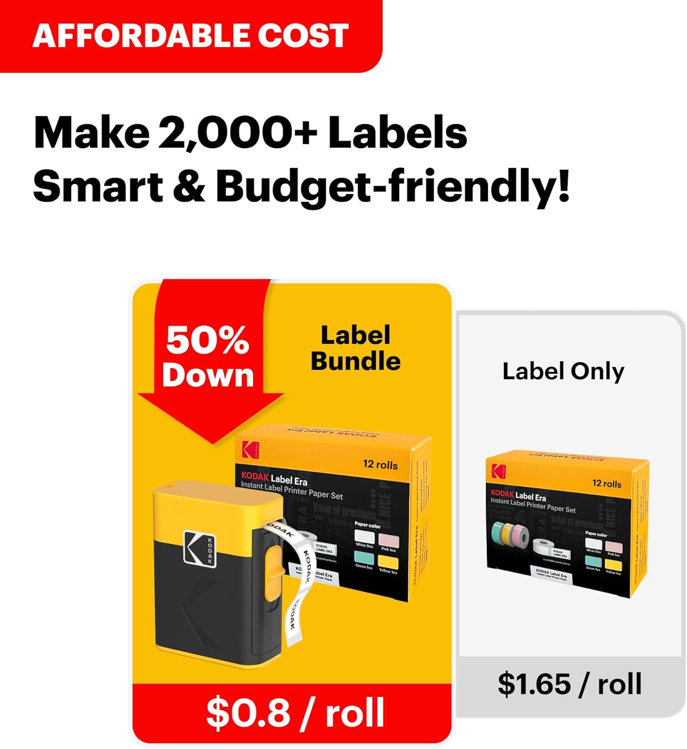 KODAK Label Maker Machine + 12-Pack Refills Bundle, Safe Blade Label Printer for Office, School & Home Organization, White