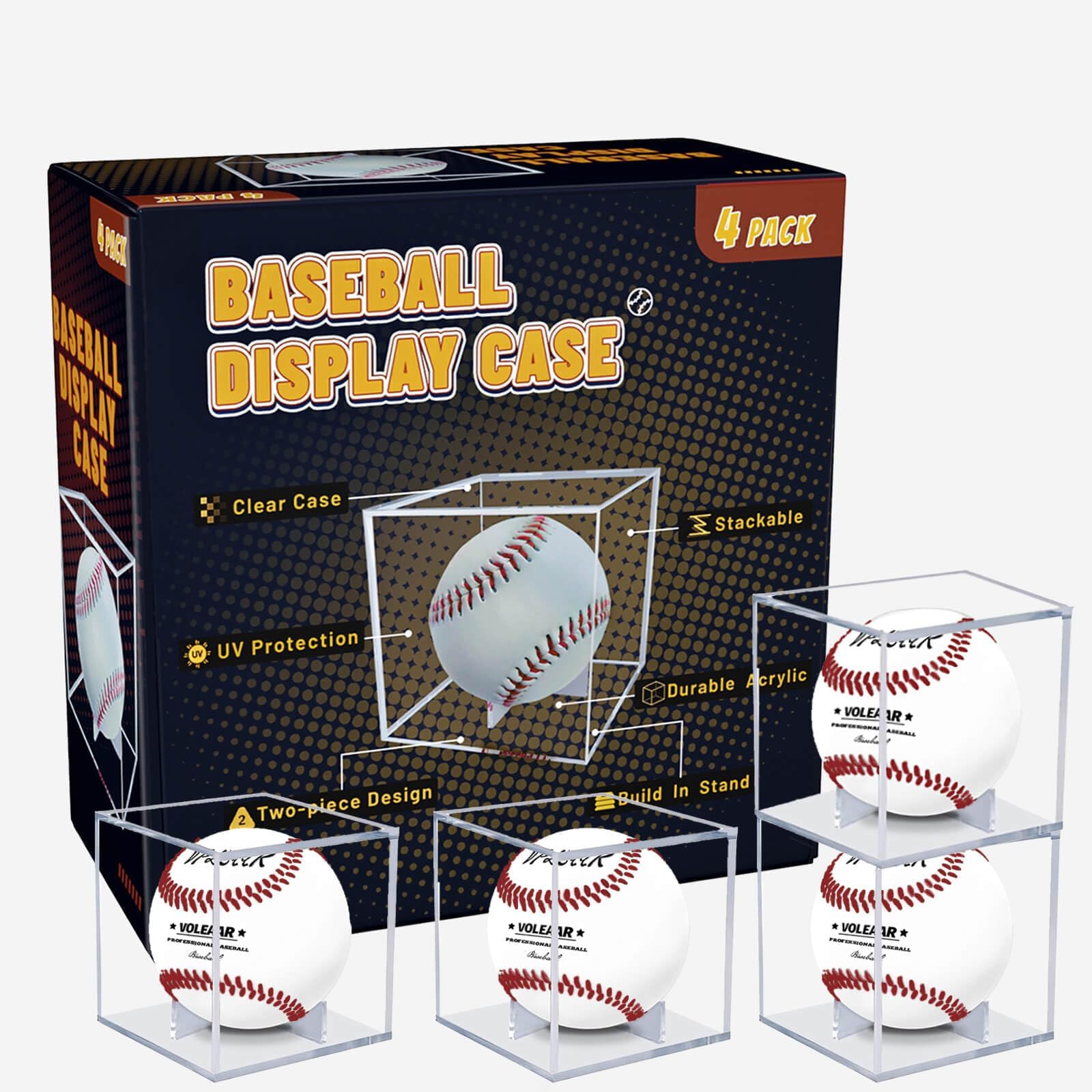 Baseball Display Case 4 Pack, UV Protected Acrylic Square Baseball Holder, Clear Cube Autograph Memorabilia Ball Display Cases, Official Size Baseball Display Box