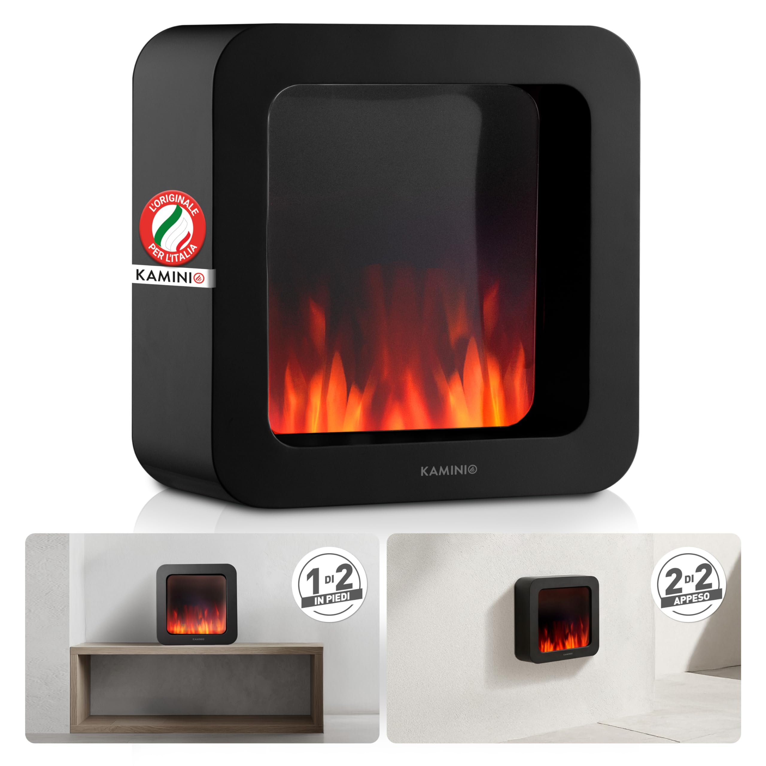 KAMINIO Camino tavolo elettrico MIA - Braciere elettrico tavolo decorativo con effetto fiamma 3D, senza fili, batteria lunga durata (Nero, 10"/25cm)