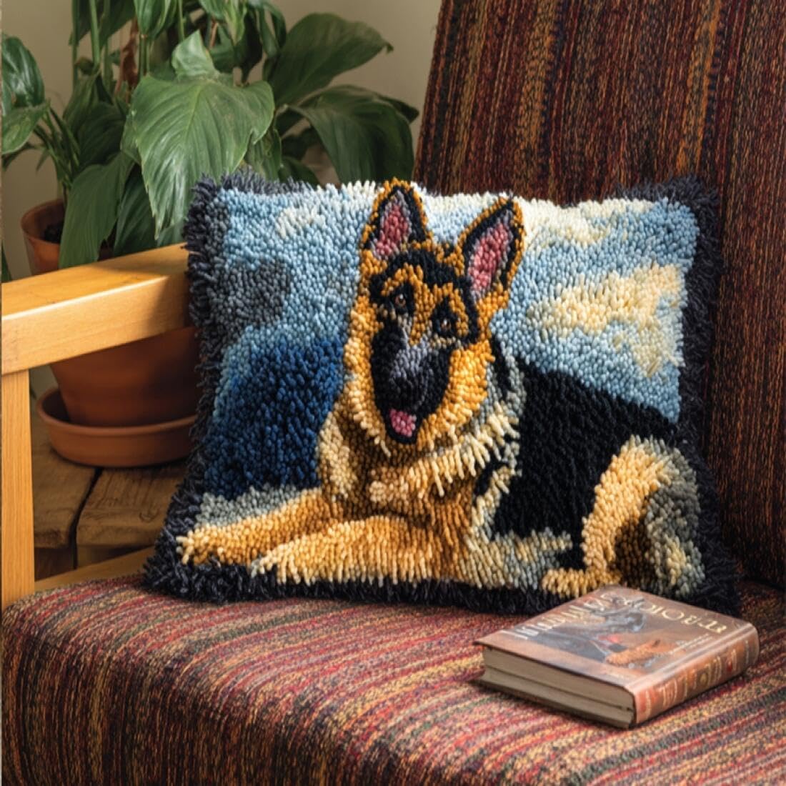 Kitquiver I Animal Latch Hook Kits For Adults Cartoon German Shepherd Diy Latch Hook Kits Pillow Needlepoint Cushion Kit For Home Décor Needlework Set For Adult Beginners 17X17in