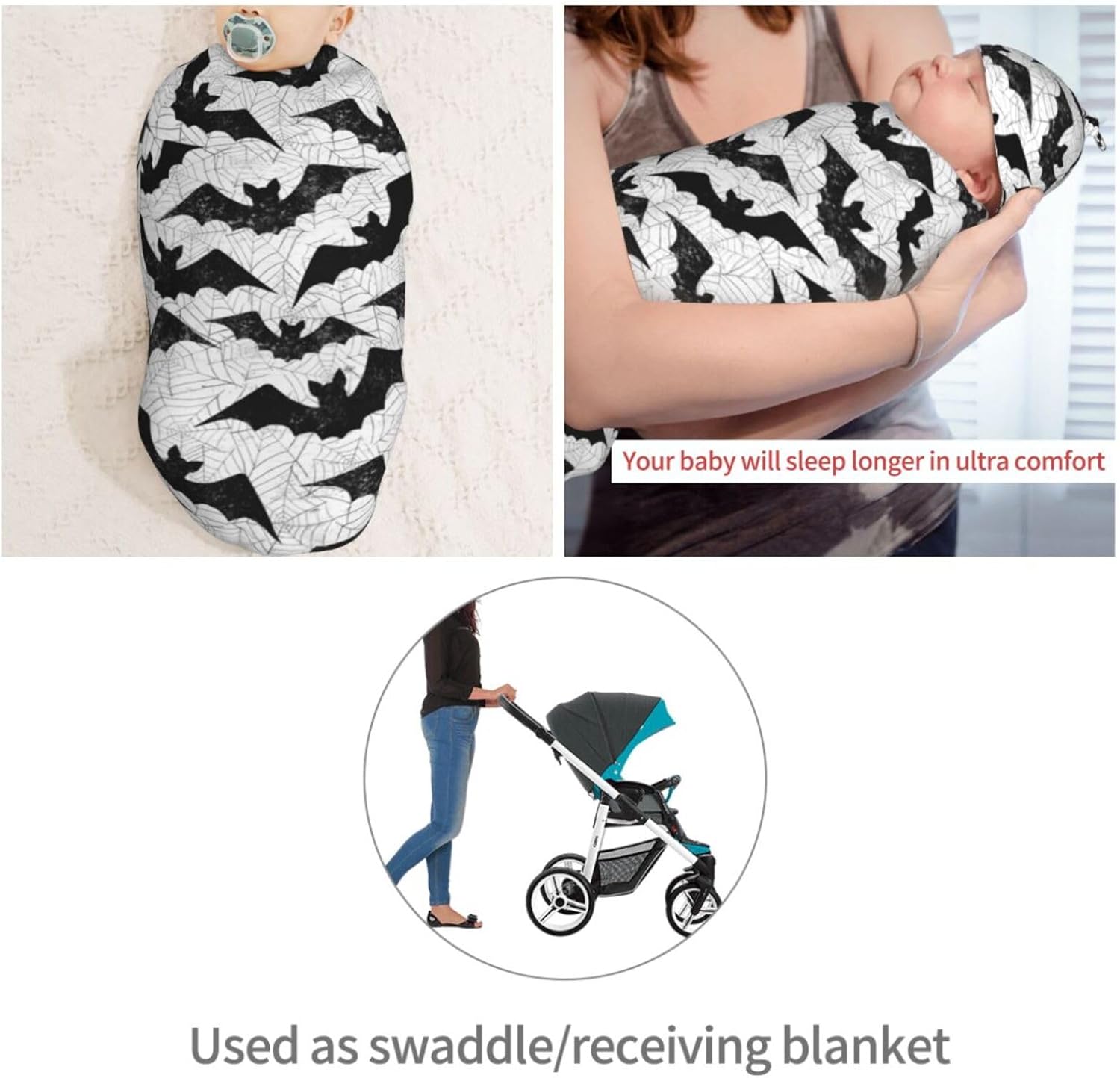 Black Bat Newborn Swaddle Blankets Hat Sets Soft Baby Receiving Blanket Swaddle Sack for Baby Shower Infant Boy Girl Gift - Image 4
