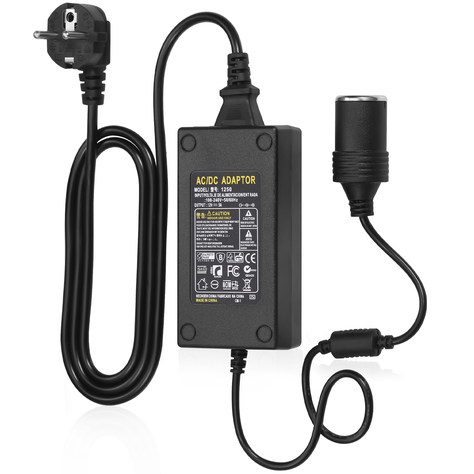 RGBer® Adaptateur Prise Allume-Cigare Secteur, 5A 60W, 220V à 12V Adaptateur Convertisseur Transformateur Pour Gonfleur Pneu, Aspirateur, Glacière