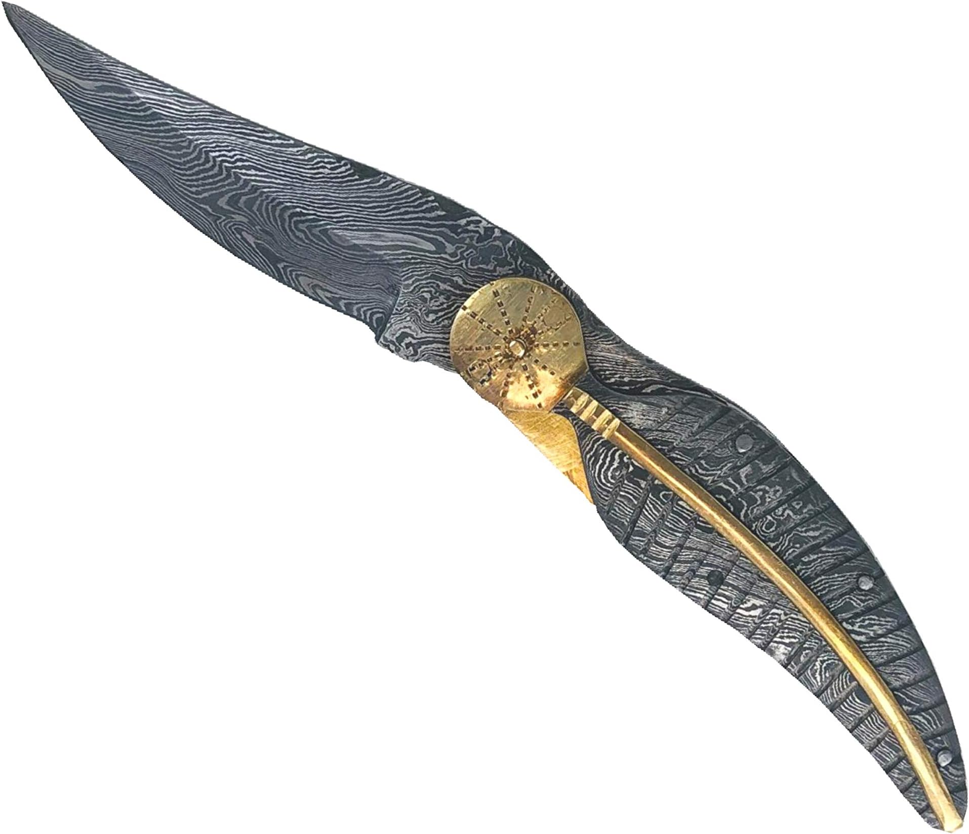 - Handmade Damascus Steel Pocket Knife - Folding Knive - Damascus Blade and Handle with Brass Fitting Leather Sheath Included Hunting Outdoor Camping (Leaf Style Handle)