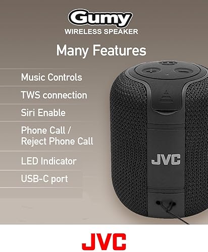 Miniatura 6 de JVC Altavoz inalámbrico portátil Gumy con sonido envolvente, Bluetooth 5.3, ligero, capacidad TWS, USB-C, batería de hasta 15 horas de duración -