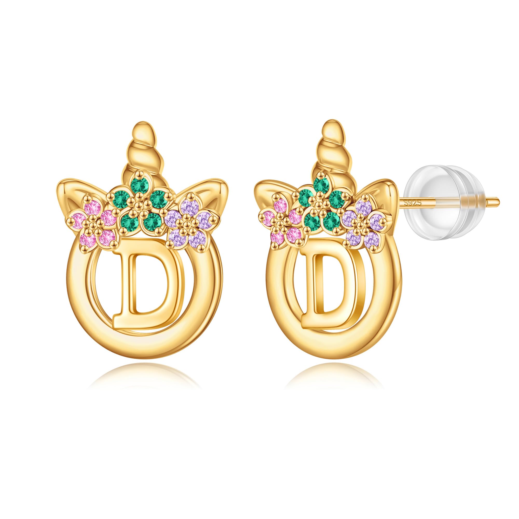Unicorn Earrings Gifts for Girls - 925 Sterling Silver Stud Earrings Hypoallergenic Initial Unicorn Earring for Girls Kids Jewelry CZ Birthday Gifts