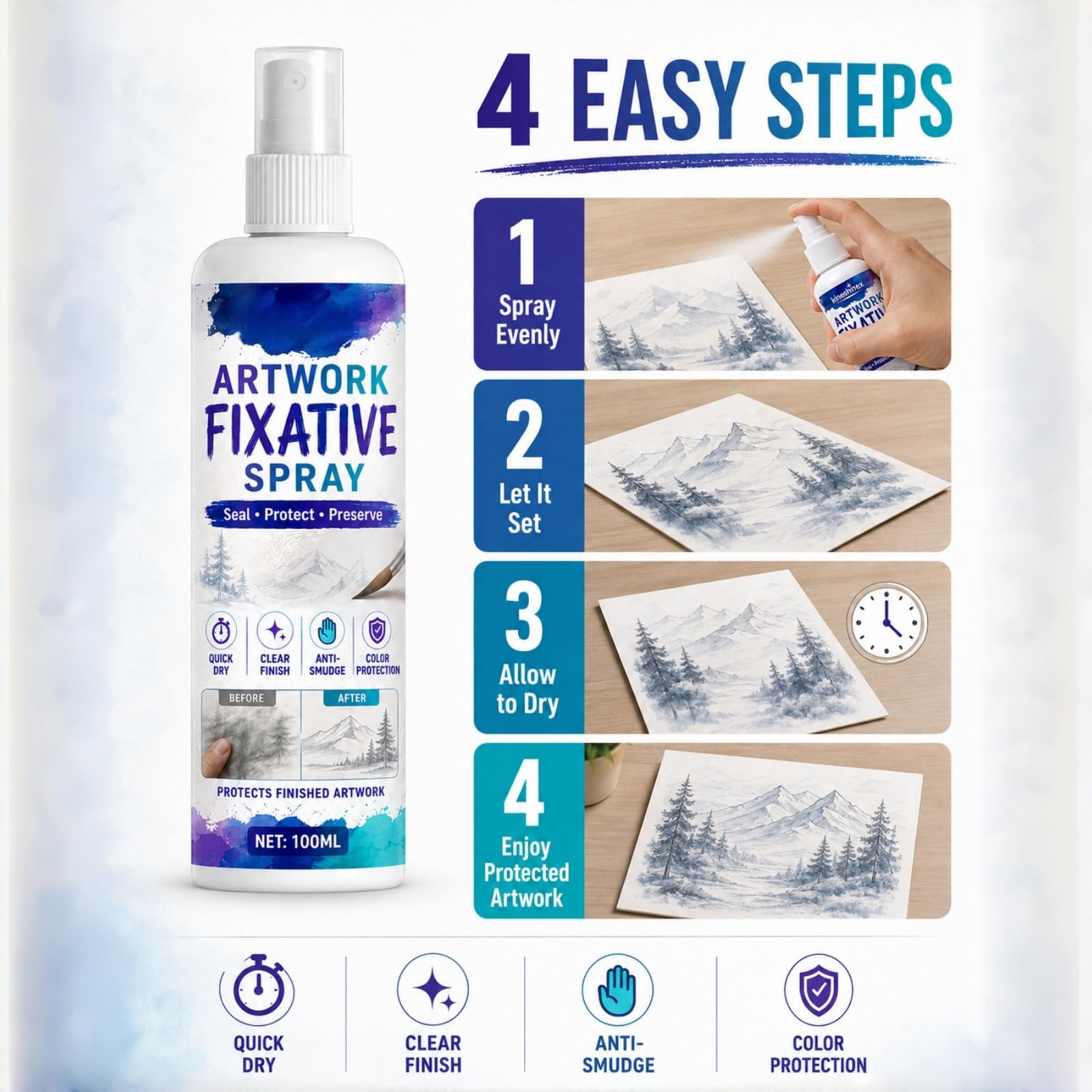 Spray fixatif réalisable pour l'art, fixatif au Pastel à l'huile pour Les Dessins au Fusain et au Crayon, Spray fixateur Anti-Taches, scellant de Finition Mat à séchage Rapide (6pcs)