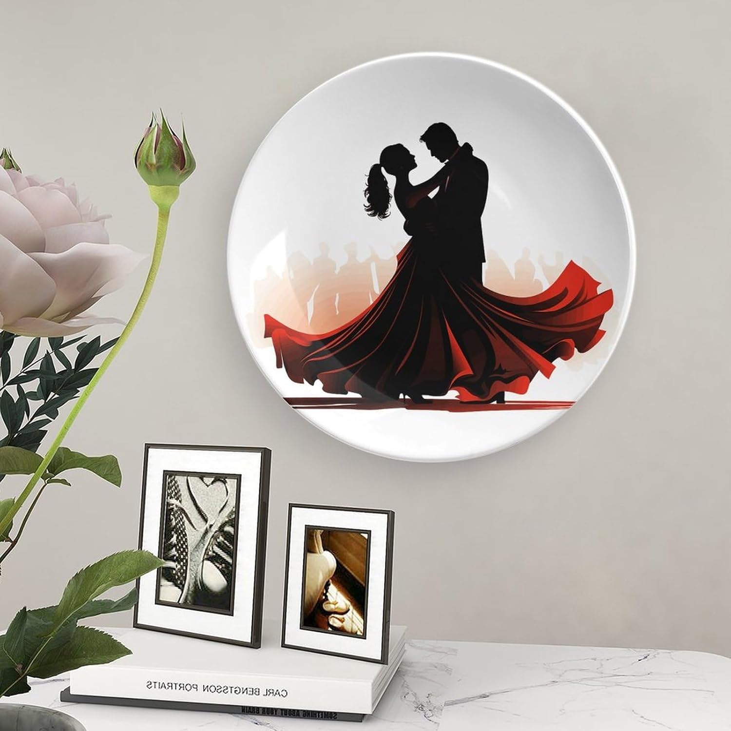 Ballroom Dance Bone China Decorative Plate with Display Stand, Ceramic Ornaments Plate for Wall Hanging, Personalized Porcelain Plates for Office, Living Room 8inch
