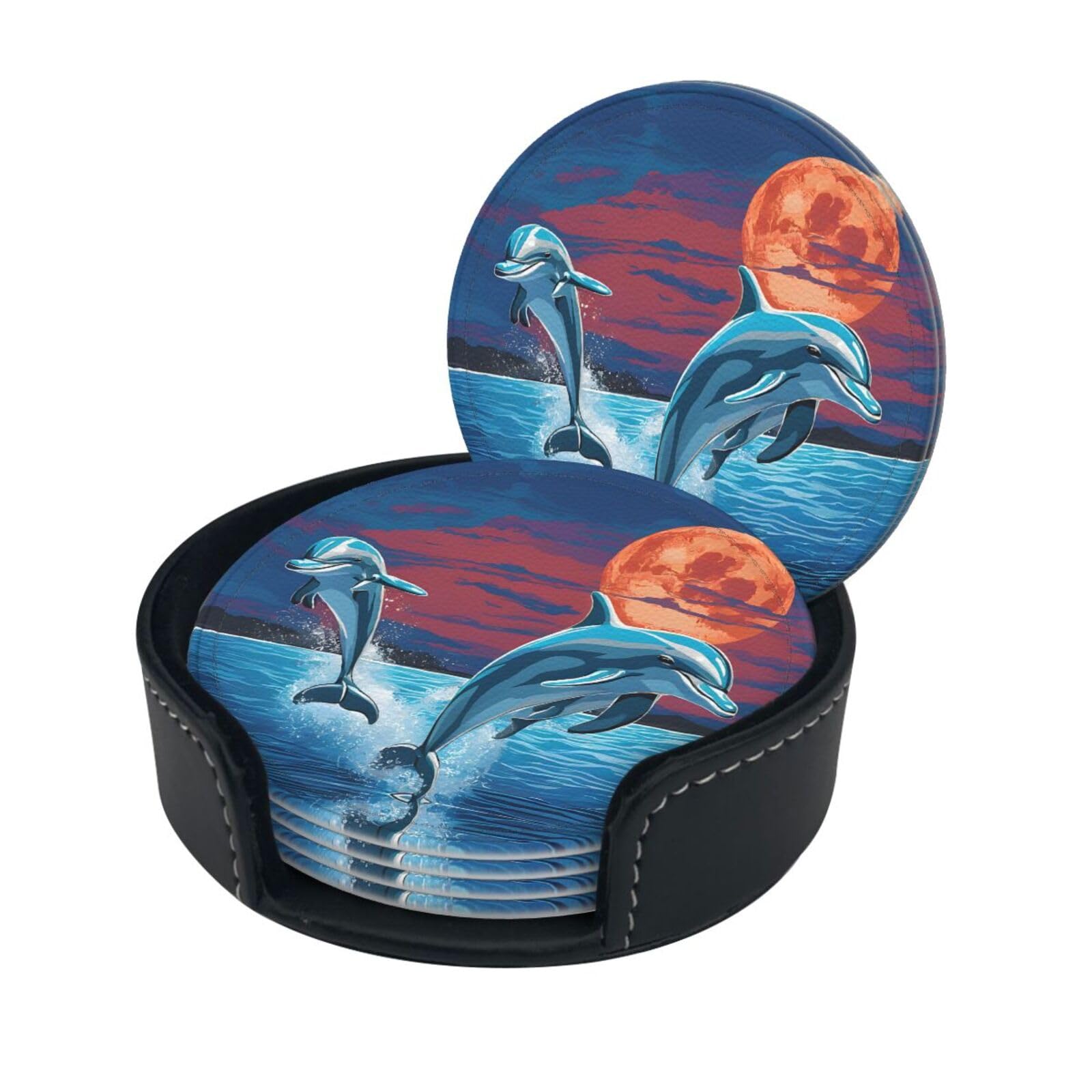 Dolphin Print Coaster,Round Leather Coasters with Storage Box for Wine Mugs,Cold Drinks and Cups Tabletop Protection (6 Piece)