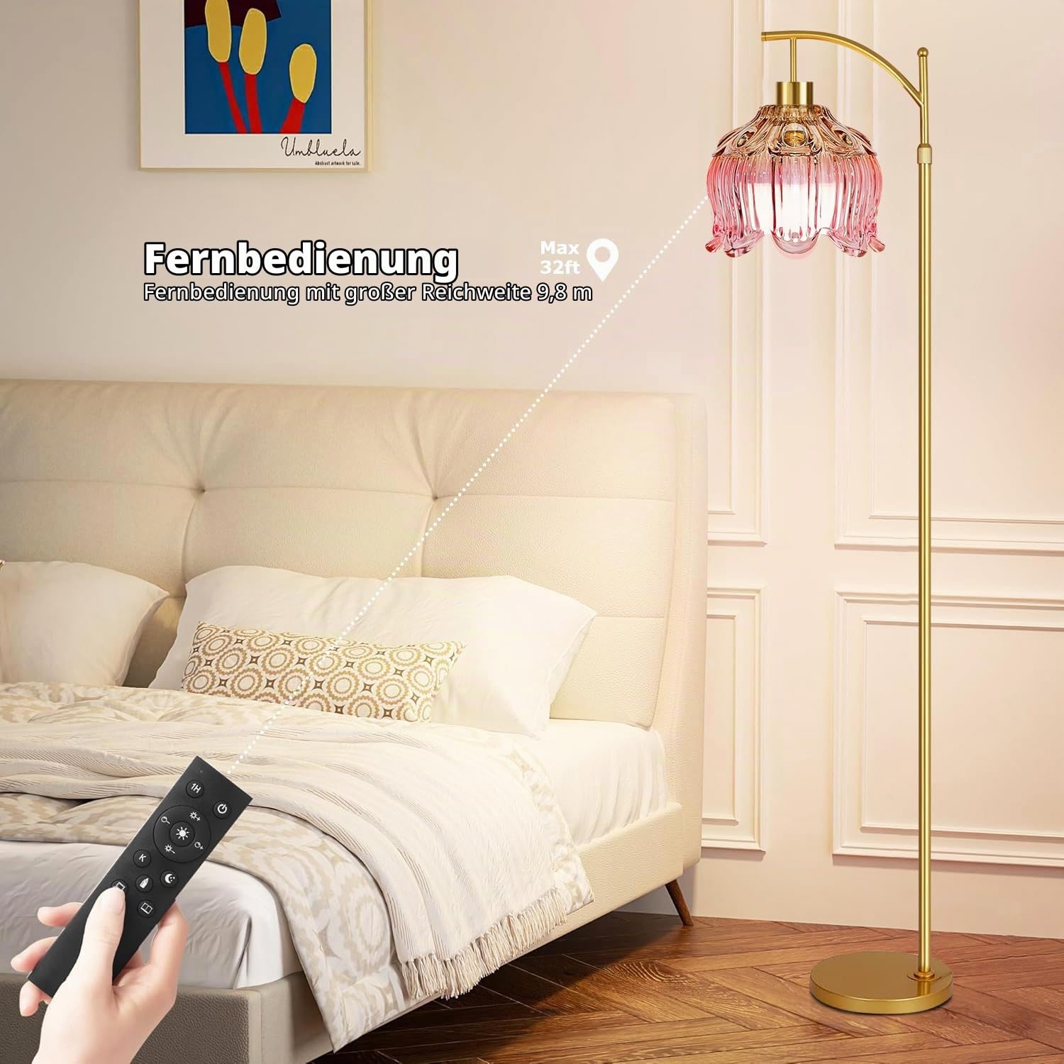 QIYIZM Pinke Stehlampe für Wohnzimmer, Schlafzimmer, goldfarben, dimmbar, Stehleuchte mit Fernbedienung, Mitte des Jahrhunderts, moderne Messing-Lampe, Boho-Stehlampen, Bogen, Buntglas, Blume