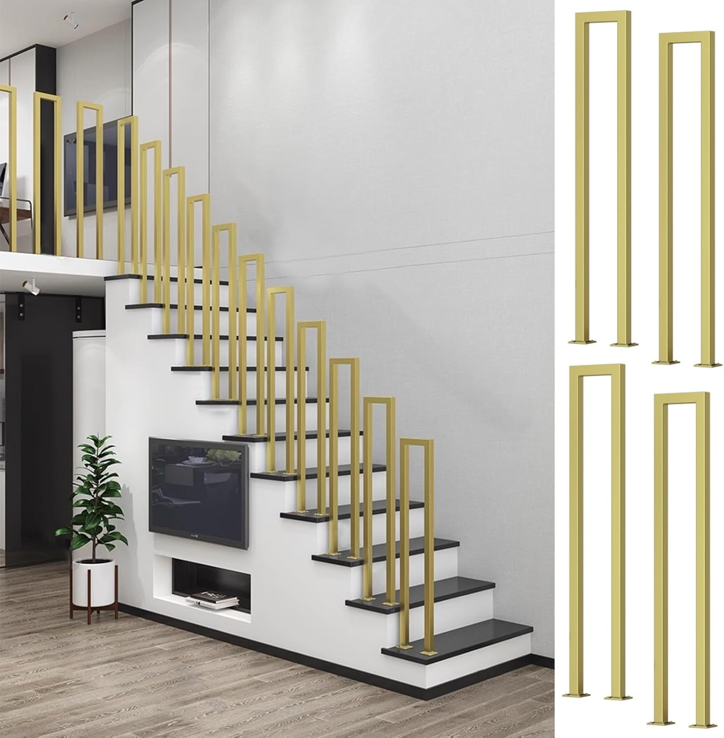 Industrial Iron Banister Column Deck Guardrail Spindles Square Gold U/M Shaped Balusters 29.5inch Tall Set of 4