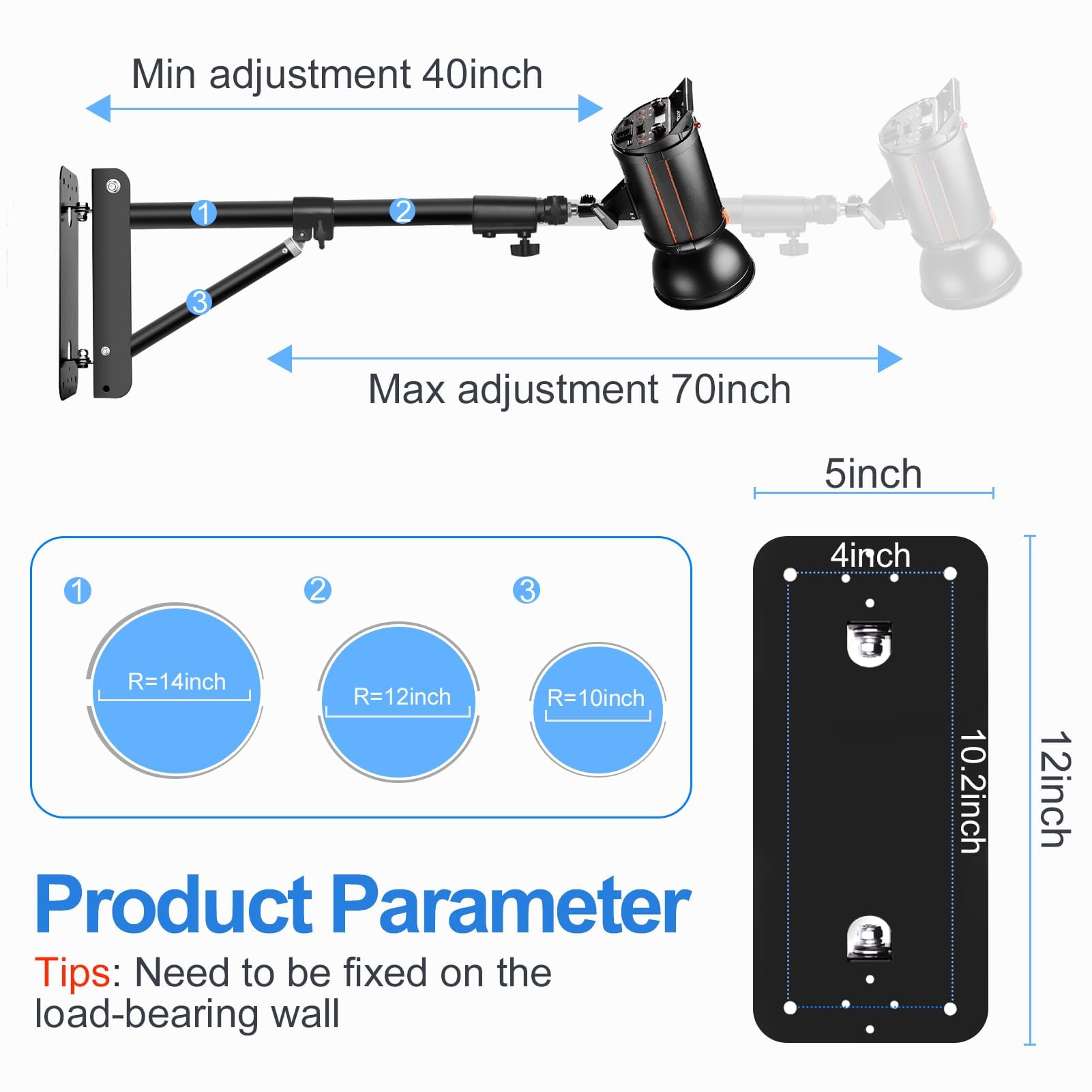 EMART 180cm Soporte de Iluminación de Pared con Brazo Colgante de Tres Angulos Giratorio 180° para Estudio Fotográfico, Flash, Anillo de Luz y Más | Barra de montaje triangular resistente de rotación de 180° para cámara, iluminación de fotografía, lámpara