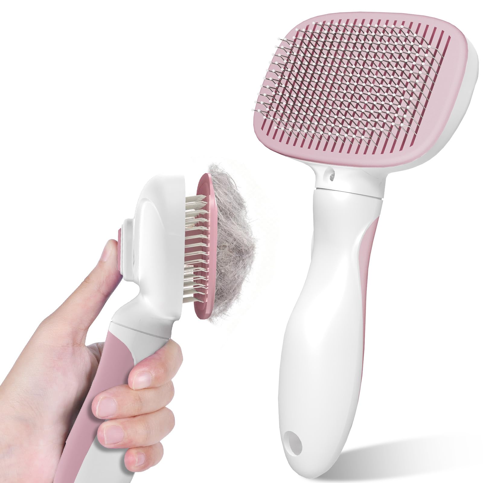 Zivacate Spazzola per Gatti, Autopulente per Animali Domestici, Nettoyage en Un Clic, Spazzola Cani, Manico Antiscivolo, Adatto a Cani e Gatti a Pelo Lungo, Medio e Corto - Rosa-Bianco