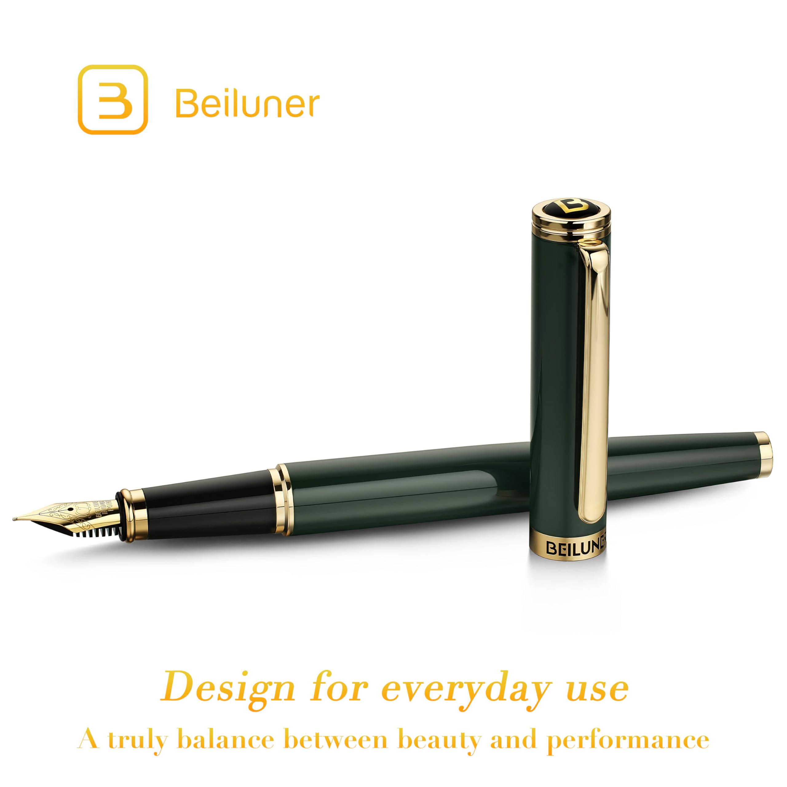 BEILUNER Racing Green Fountain Pen,Stunning Luxury Pens with 24K Gold Finish, Gorgeous 24K Gilded Nib(Fine), Trustworthy Gift for Men&Women -Ink Converter-Elegant, Graduation,Fancy Pen for Writing