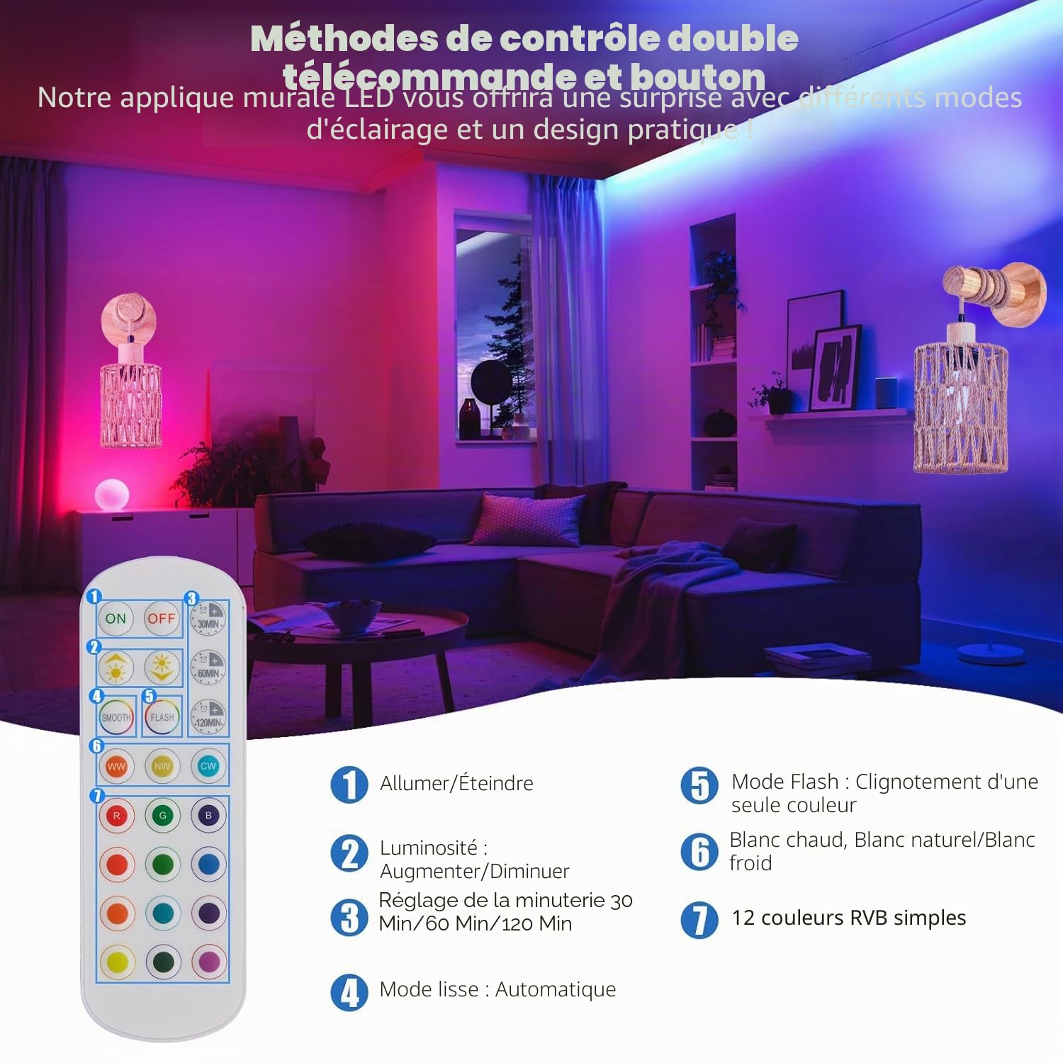 Lot de 2 Applique Murale Interieure E27 Lampe Murale Sans Fil Rechargeable USB avec Télécommande Bois Vintage Lampe Murale RGB Applique Lampes Bohème Rotin Pour Chambre Chevet Couloir Salon