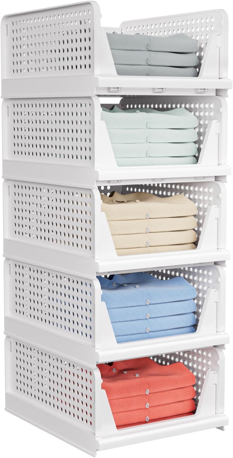 Collapsible Storage Shelf Organizer, 43x33.5x18cm Stackable Folding Shelves for Wardrobe Cabinet Bathroom Closet & Drawer (5)