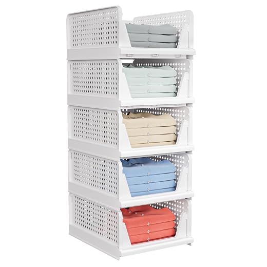 5 Pack Folding Closet Organizers Storage Box, Stackable Plastic Storage Basket, Closet Organizers and Storage Drawer Shelf Storage, Storage Container for Cupboard Kitchen Bathroom, White
