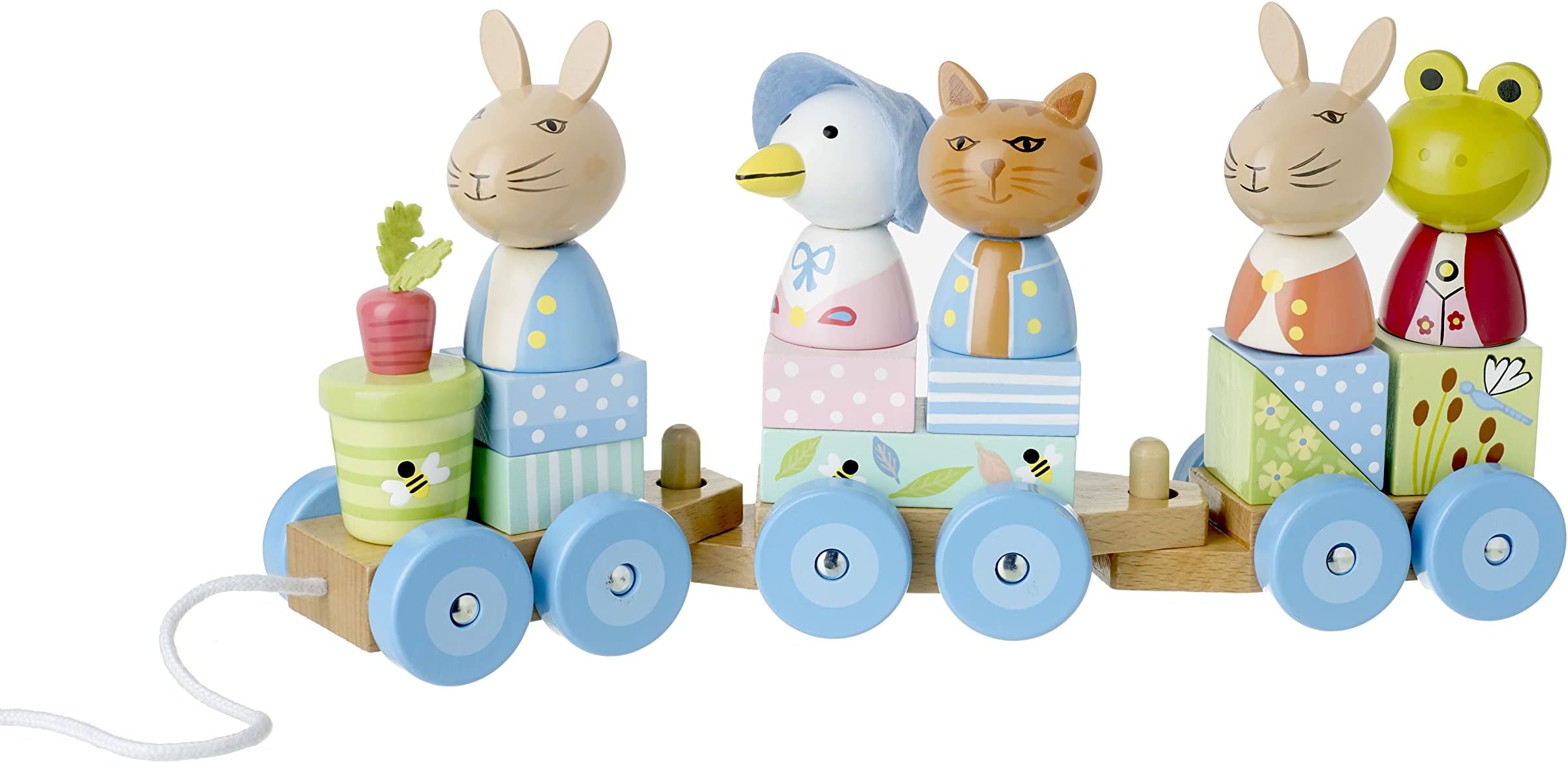 Peter Rabbit Wooden Train Pull Along Toy - Push and Pull Stacking Toys, 1 Year Olds, Toddler - Puzzle Shapes, Early Development Activity Toys - Official Licensed Peter Rabbit Gifts by Orange Tree Toys