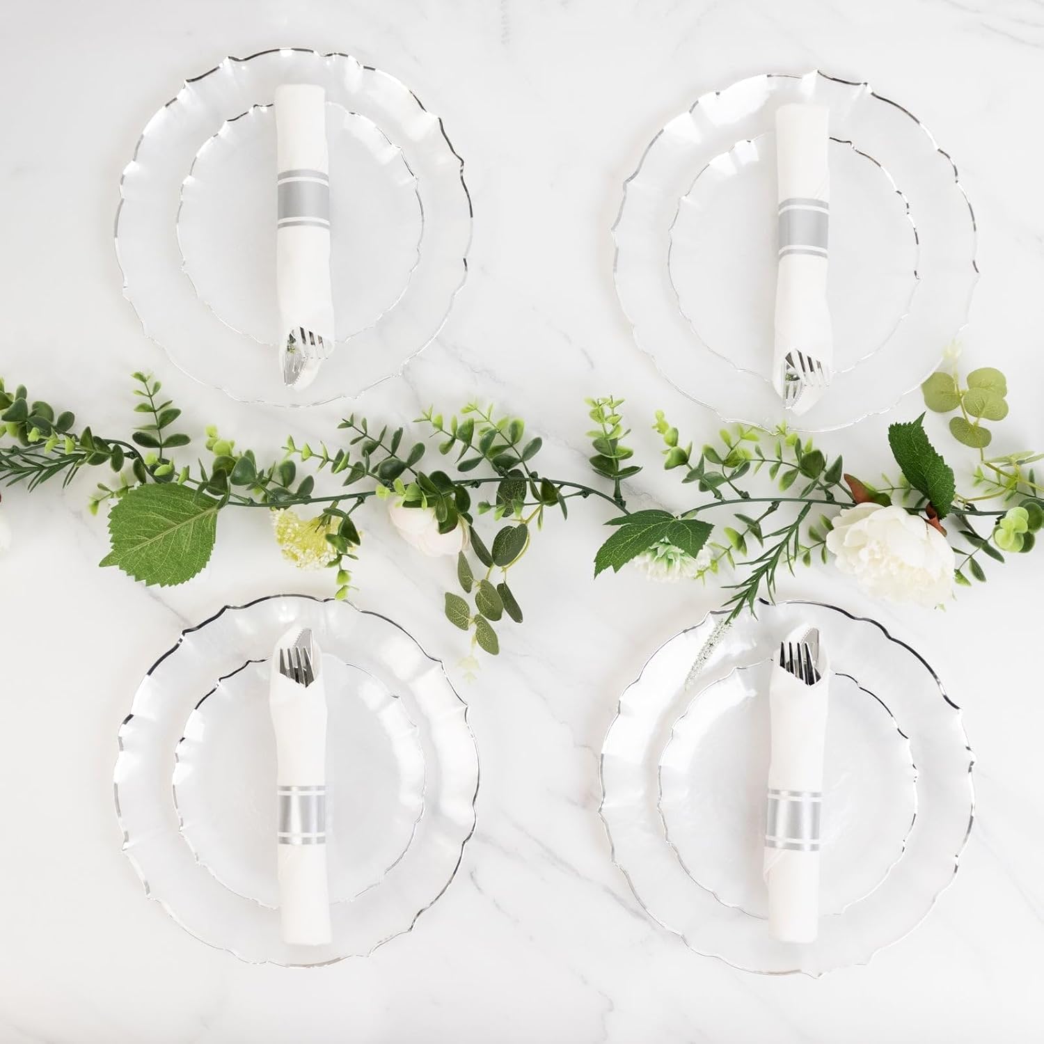 Efavormart 10-Pack 7" Pearl White Sunflower Plastic Dessert Plates with Silver Scalloped Rim, Round Heavy Duty Appetizer Plates for Boutique Celebrations