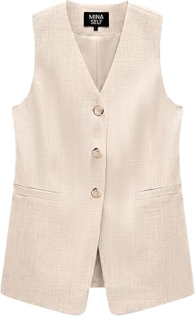 Mina Self 2026 Summer Womens Sleeveless Linen Vest Tops - V-Neck Fully-Lined Breathable Lightweight Office Casual Pockets