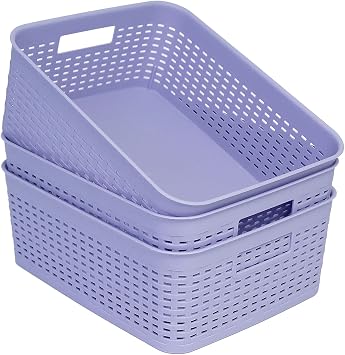 Soddeph Plastic Storage Baskets for Cabinets, Household Pantry Organization with Handle,Organizer Bins for Room,Bathrooms,Under-Sink,Kitchen Purple, M-3PACK