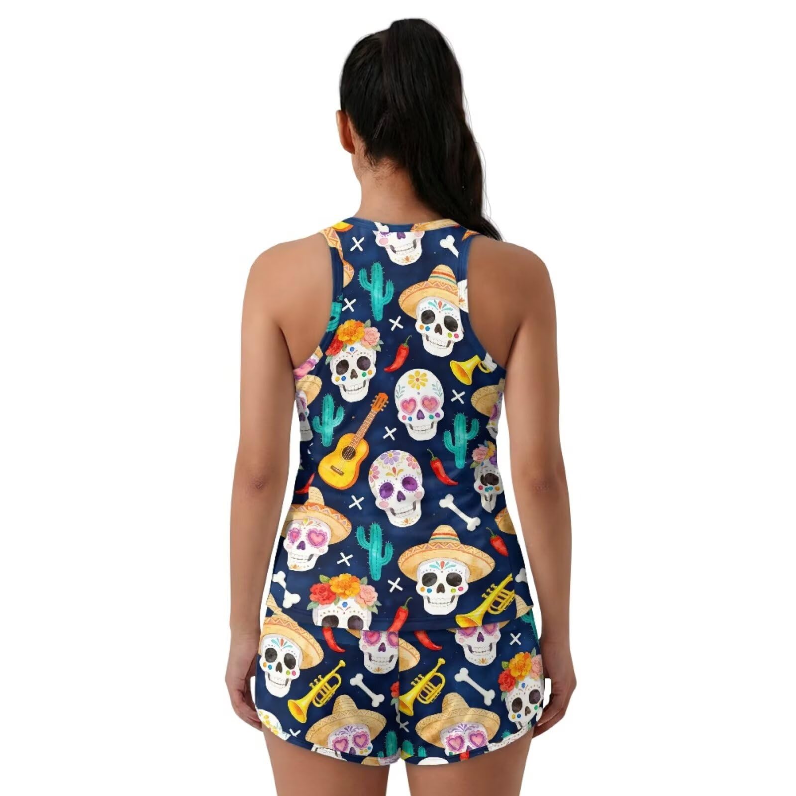 Xoenoiee Damskie zestawy tankini kontrola brzucha bluzka z dekoltem w kształcie litery U topy i kieszenie szorty kąpielowe, 2-częściowy strój kąpielowy S-6XL, Cukrowe czaszki Cinco De Mayo, 6XL