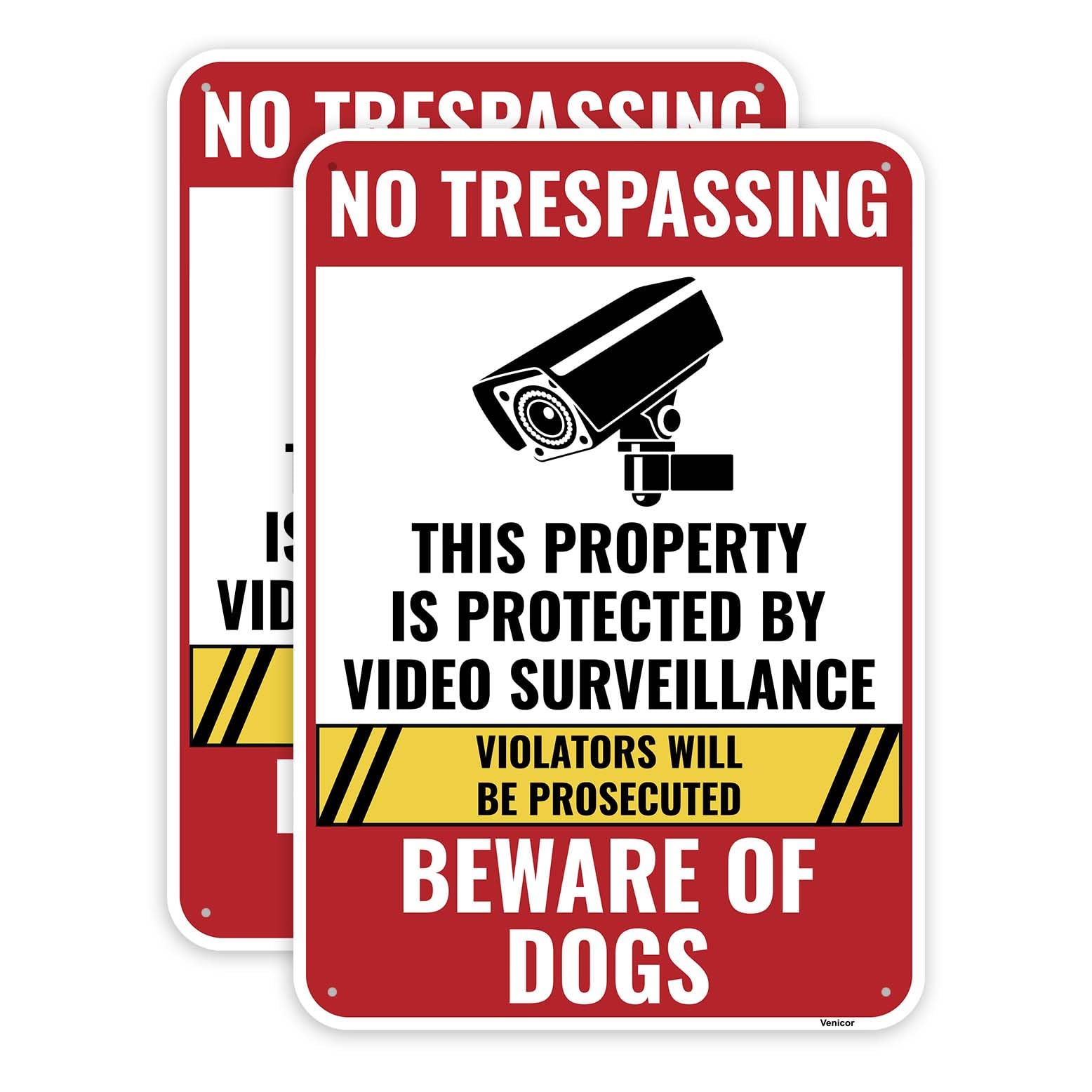 2 Pack Beware of Dog No Trespassing Sign, 12"x8" Inches - Aluminum - Video Surveillance Dog Warning Signs For Fence Property