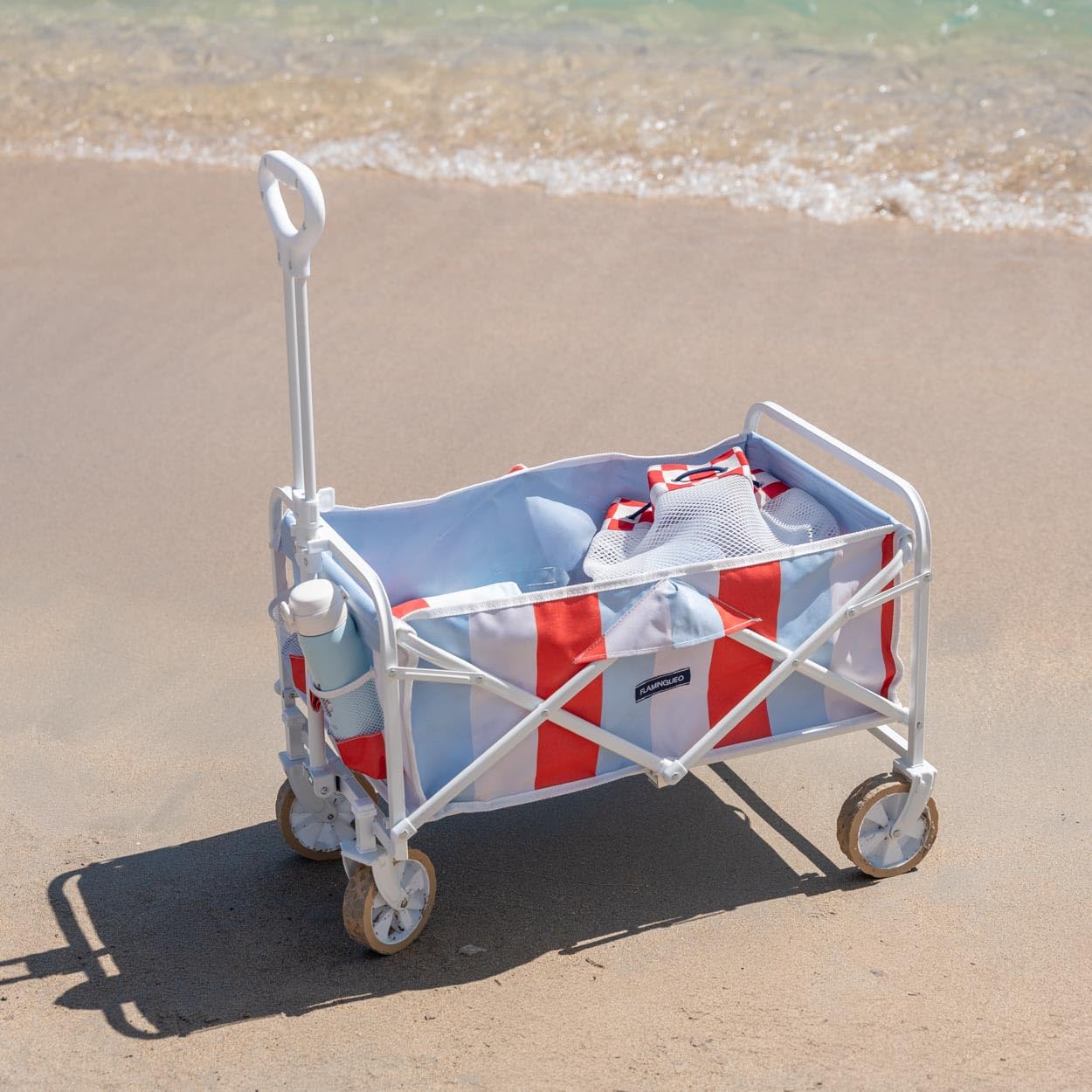 Flamingueo Bollerwagen Faltbar - Für Kinder - Für Strand und Garten - Mit Rädern - 360º Drehbar - Schutztasche - Doppelbecherhalter - Polyester und Stahl - Mehrfarbig