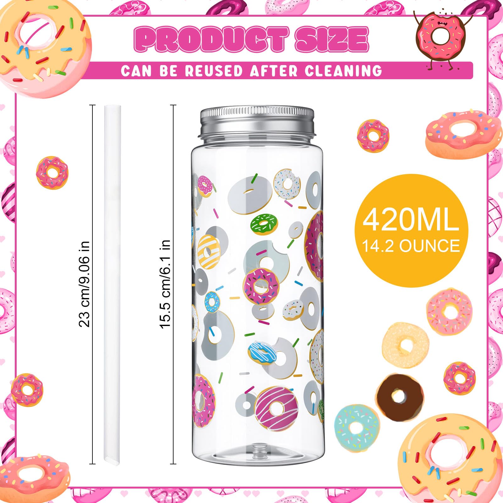 LemonRoad 24 Stück Kunststoffbecher mit Deckel und Strohhalm, 400 ml, wiederverwendbar, Motto-Party-Dekorationen, Becher, Bierdose, Eiskaffeebecher für adrette Party-Dekoration (Donut)