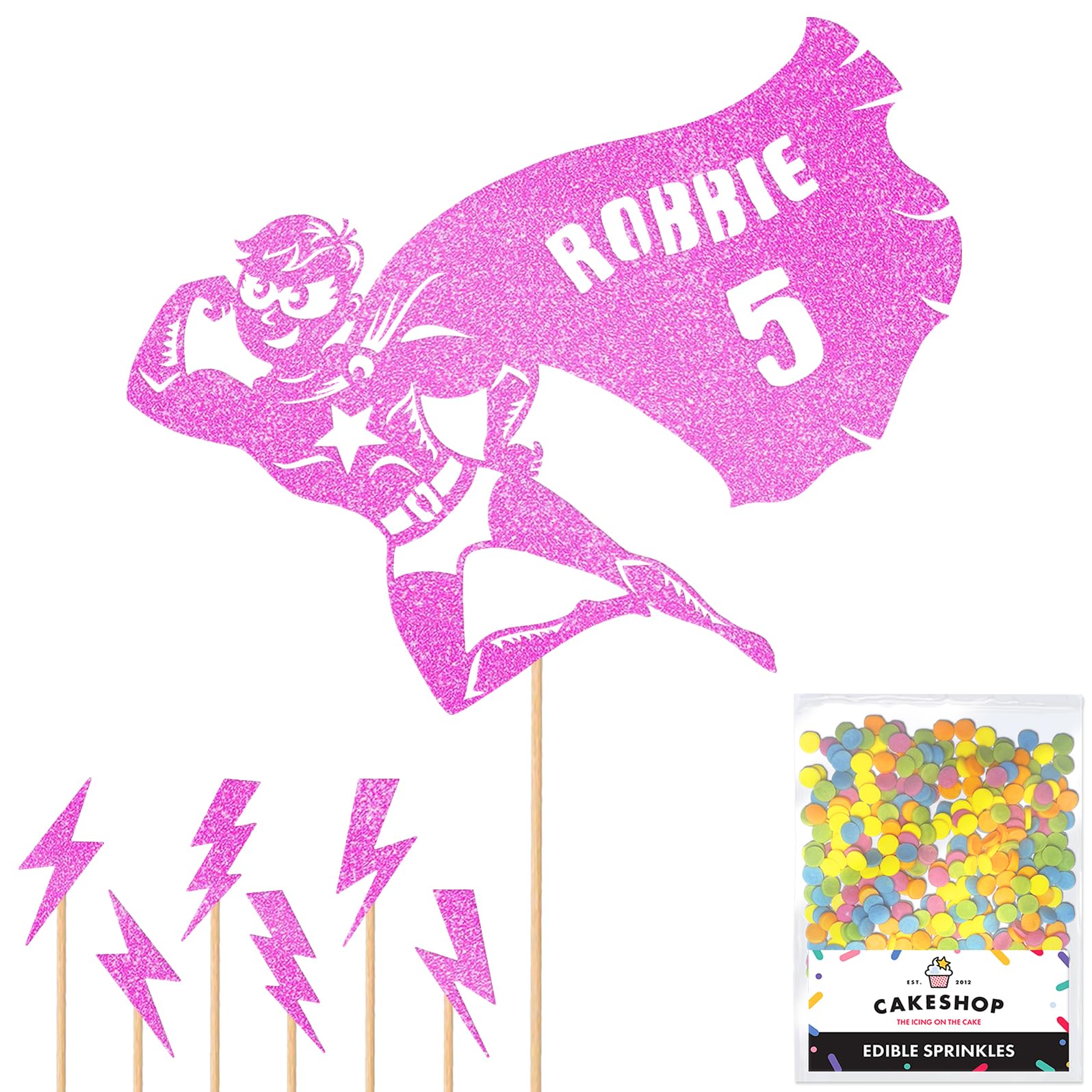 Personalised Superhero Comic Glitter Cake Topper- Light Pink Any Custom Age & Name Glitter Cake Decoration and Sprinkles - Happy Birthday Decorations - Personalised Toppers for Cakes by Cakeshop