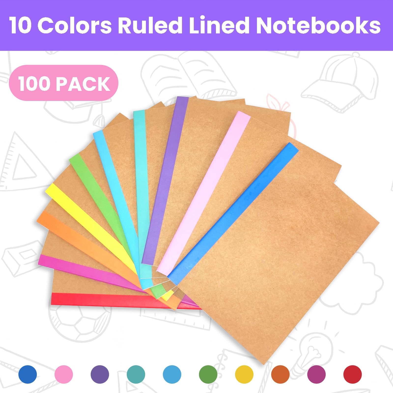 Confezione da 100 quaderni colorati, formato A5, copertina in carta kraft, a righe, per studenti, scuola, ufficio, viaggi, 60 pagine, 21,1 x 14 cm, 10 colori