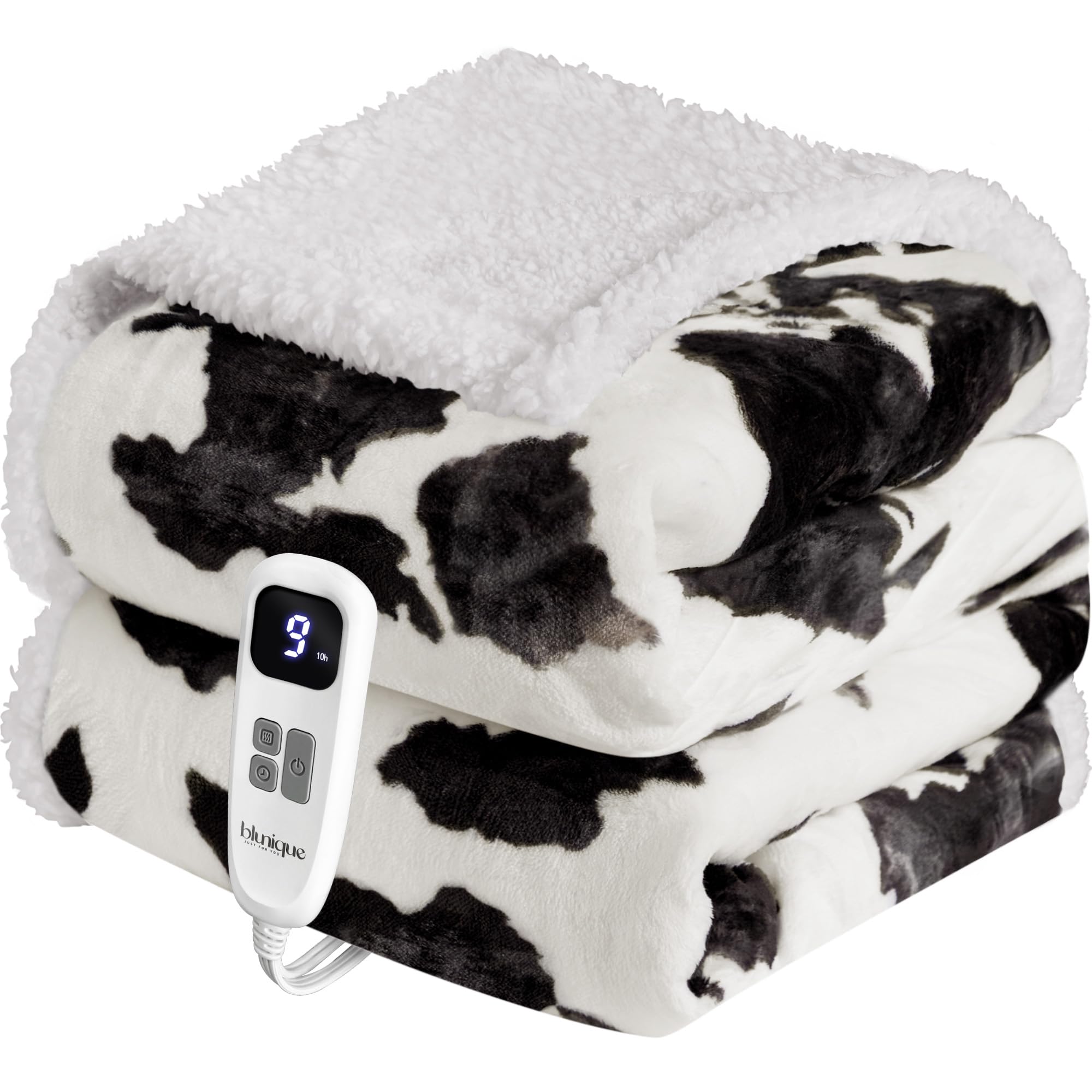 Heated Throw Blanket- Fast Heating Electric Blanket, Soft Farmhouse Heated Throw with 4 Time Settings,10 Heating Settings, Warm Gifts for Women Mom Grandma(50" x 60" Black White Cow Print)