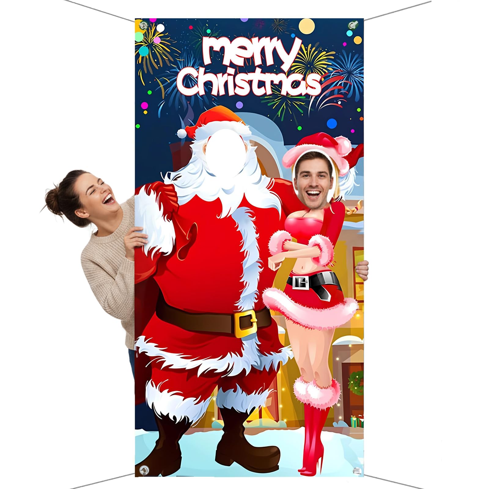 Christmas Decorations 35x71in Christmas Santa & Sexy Lady Couple Photo Booth Banner, Funny Face Game Large Group Backdrop, Xmas Photo Props Accessories for Office & Home Parties