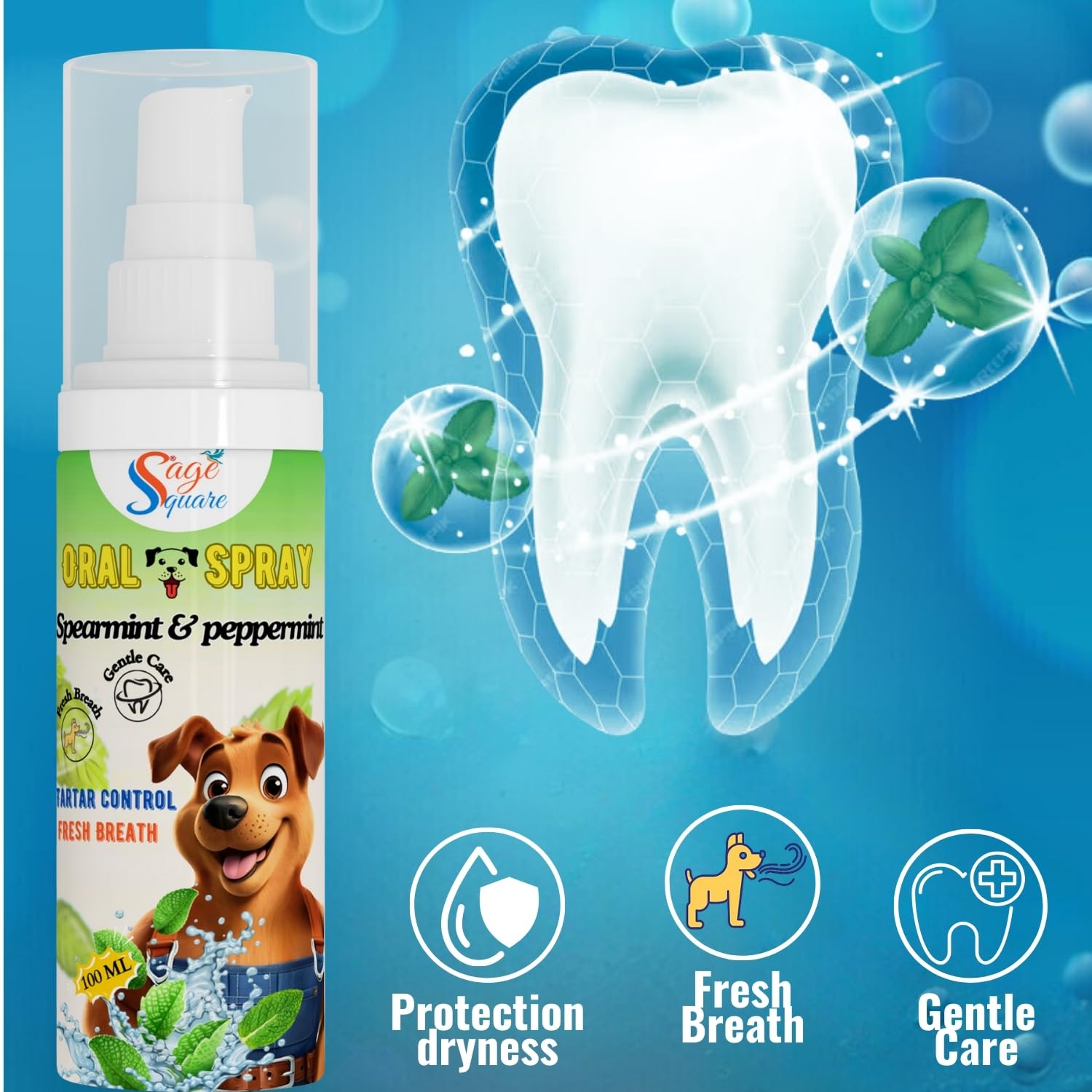 Sage Square Dog Mouth Spray : Sparemint & Peppermint Oral Spray, Easy Brushless Cleaning, Teeth & Gum Spray, Reduces Plaque & Freshens Breath Instantly, Dog & Cat Mouth Care, Fresh Breath (100ml) 2