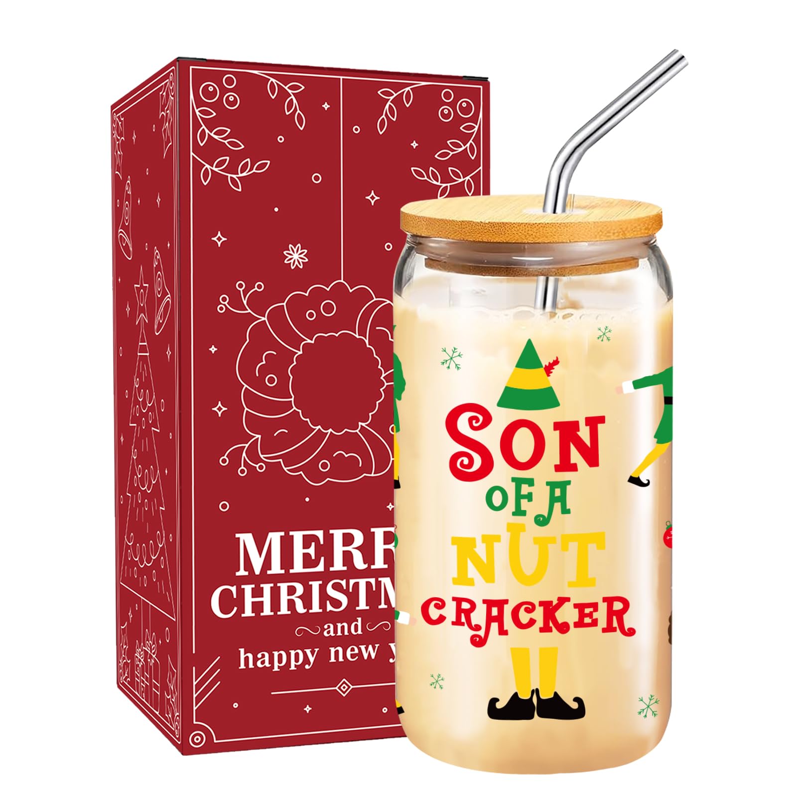 Buddy The Elf Merch Gifts, Funny Christmas Glass Cup for Women Men, 16 oz Elf Glass Cup with Lid and Straw, Beer Coffee Drinking Glass Tumbler Party Supplies, White Elephant Gifts Stocking Stuffers