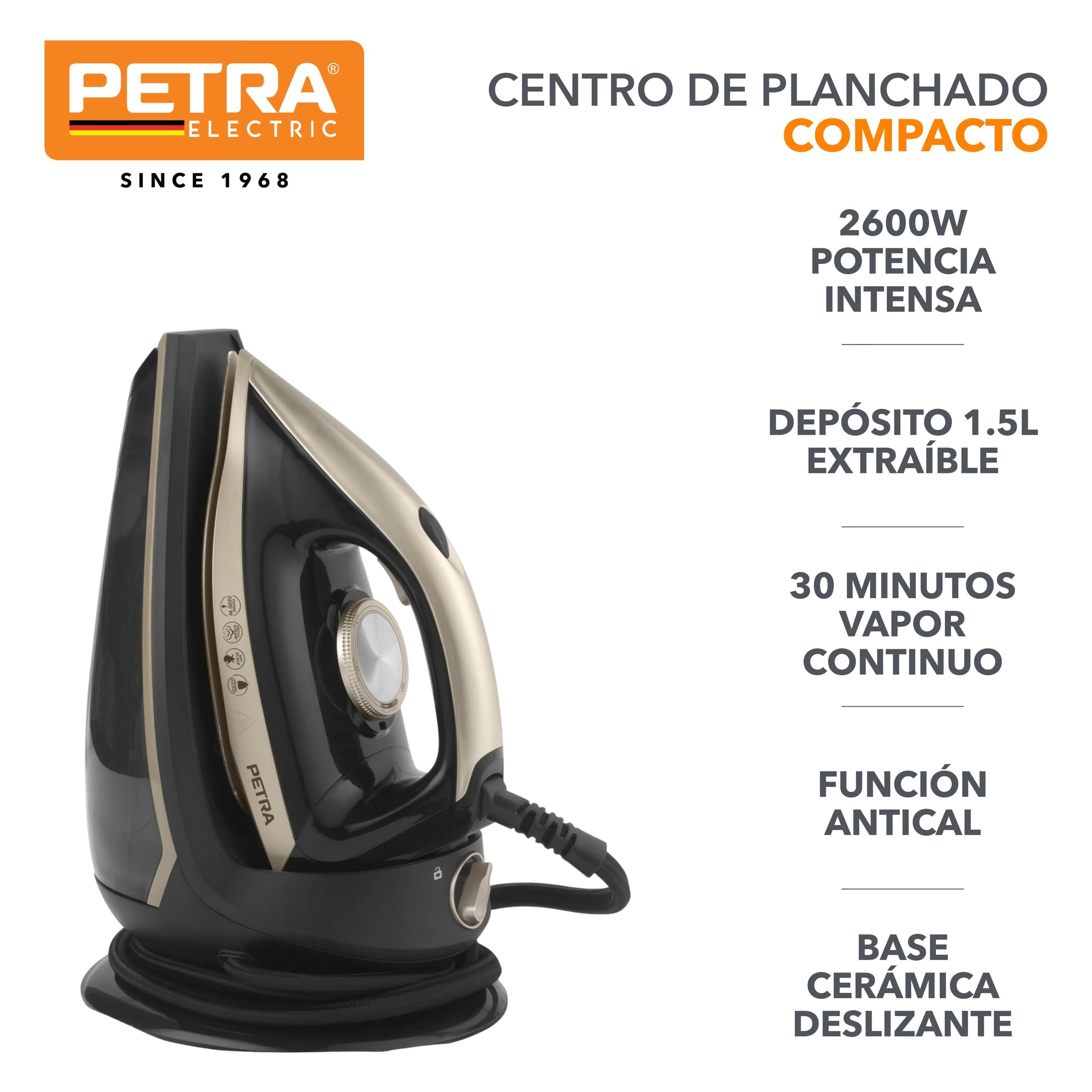 Petra PF01483VDEEU7 Centro de Planchado, Plancha de Vapor con Base Compacta, Cable de 1,9 m, Gran Depósito de Agua de 1,5 l Extraíble y Sistema de Bloqueo, 30 min de Vapor Continuo, 2600 W