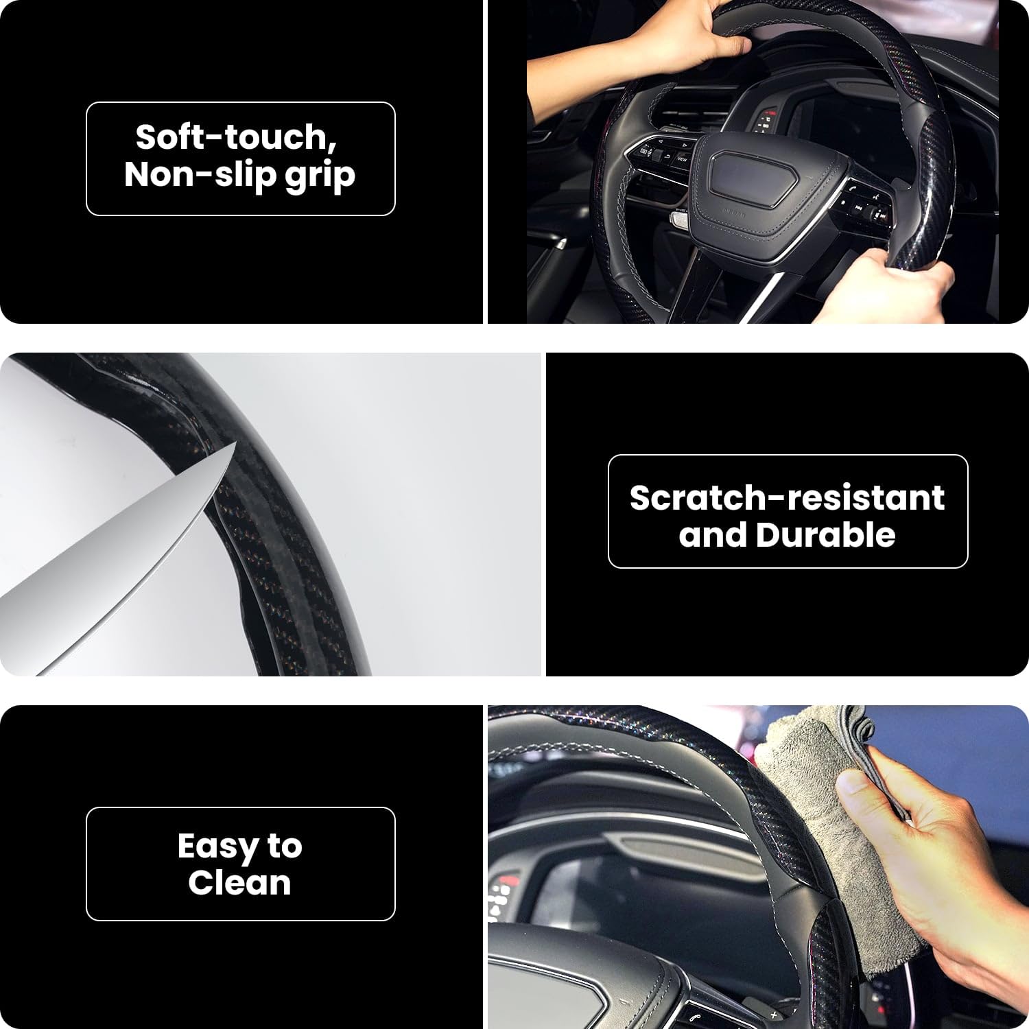 Carbon Fiber Steering Wheel Cover 3PCS Set – Anti-Slip, Scratch-Resistant, Universal Fit for 14–16 Inch Wheels – Interior Car Accessories for Cars, SUVs, Trucks (Black)