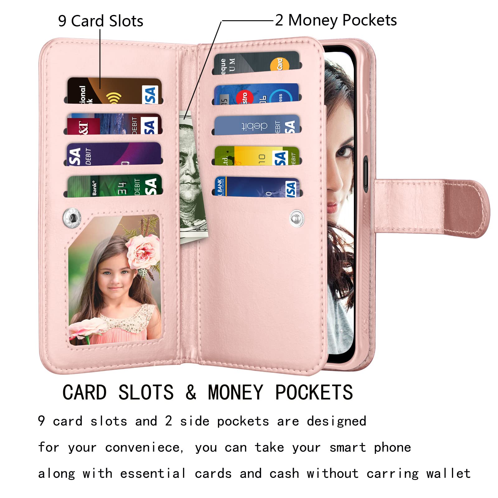 NJJEX Galaxy A54 5G Case, for Samsung Galaxy A54 5G Wallet Case, [9 Card Slots] PU Leather Credit Holder Folio Flip [Detachable] Kickstand Magnetic Phone Cover & Lanyard for Samsung A54 [Marble Pink]