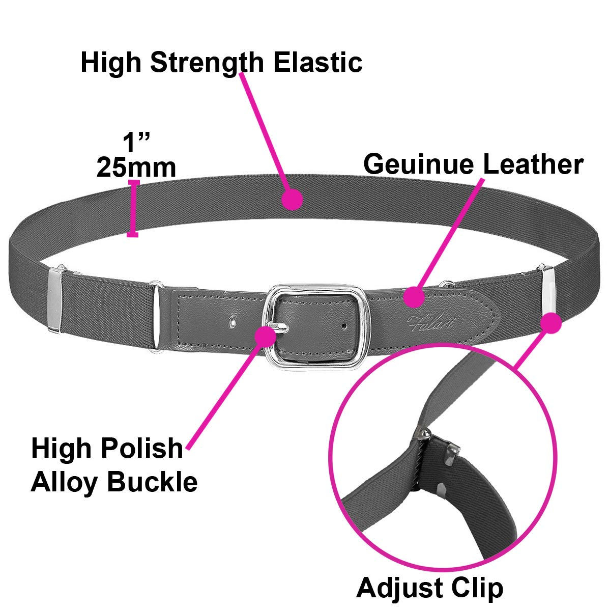 Falari Kids Leather Elastic Adjustable Belts for Boy Girl All Occasion Variety Colors - Dark Gray