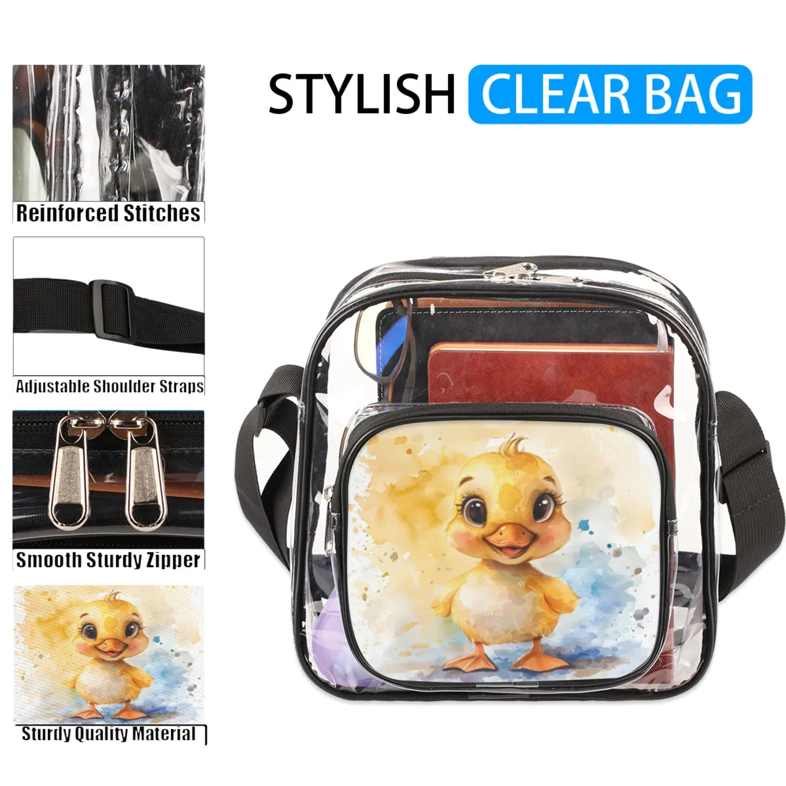 Clear Crossbody Bag Stadium Approved Small Duck Transparent Bag for Festivals, Sports Events, Concerts,Beach Bag for Women Men Clear Purse with Front Pocket Messenger Bag with Adjustable Strap
