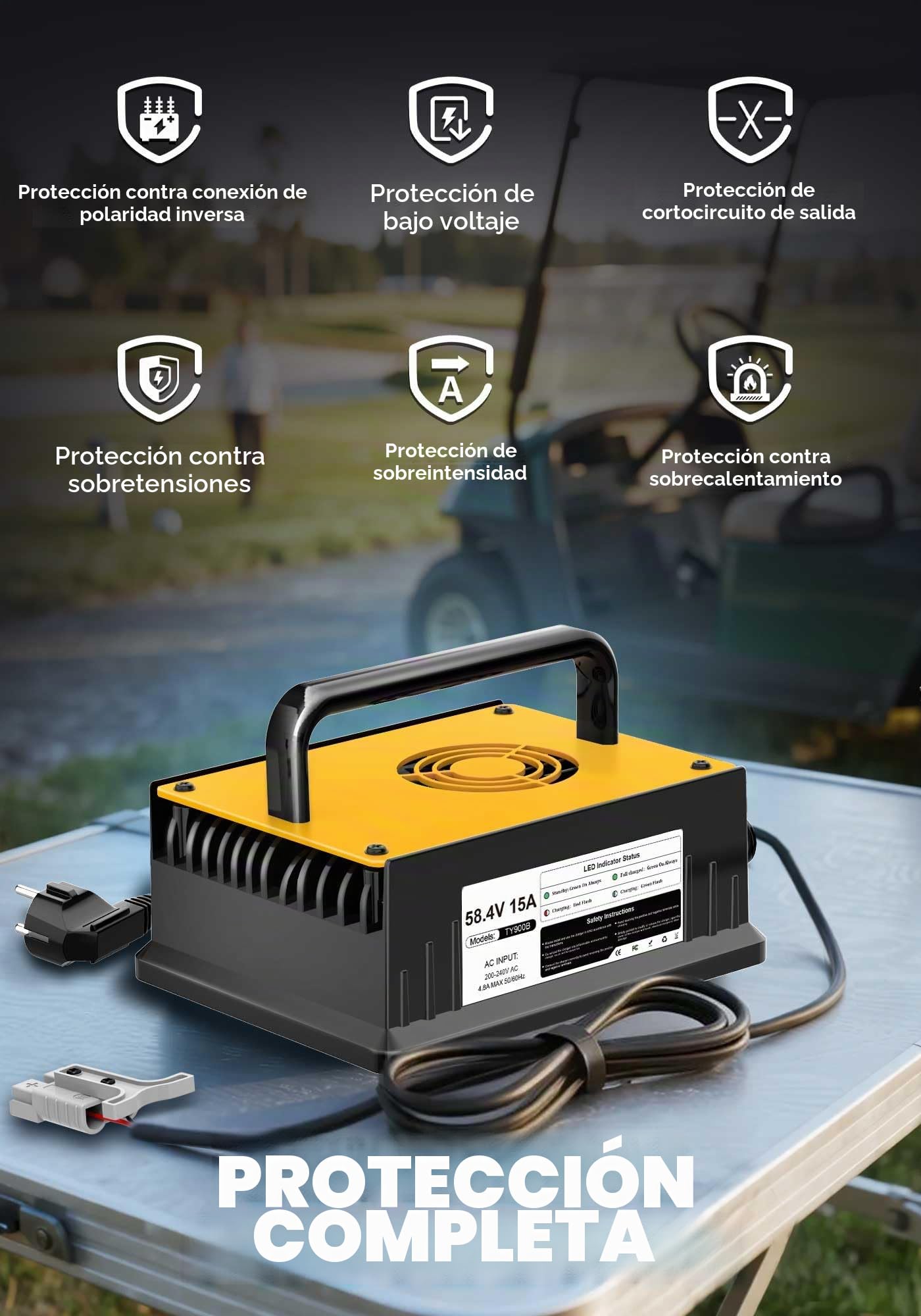 58,4V 15A Cargador de Batería Litio para 48V (51.2V) LiFePO4 Baterías, 48V Cargador de Batería Litio para Autocaravanas, Barcos, Vehículos Marinos y Sistemas Solar