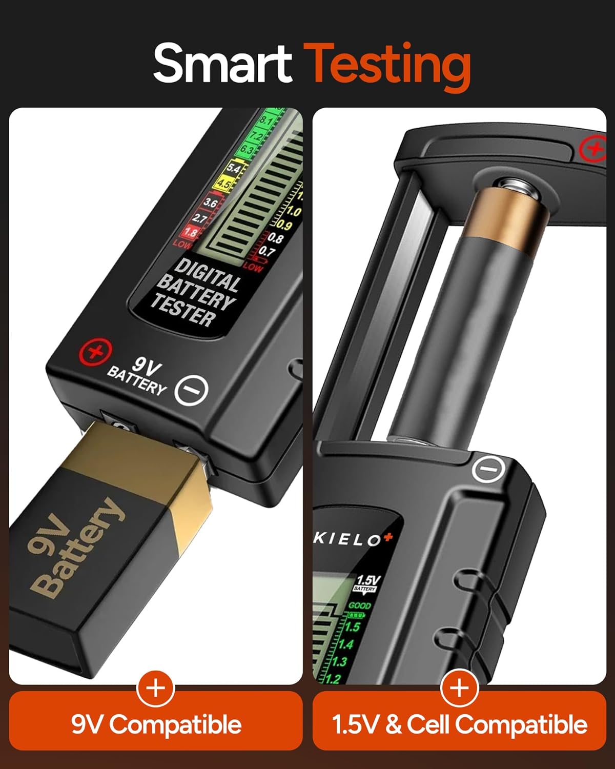 AKIELO+ Digital Battery Tester – Easy Read LCD Display – No Battery Required – Universal Household Battery Checker for Size AA AAA C D 9V 1.5 Cell (Batteries Not Included)