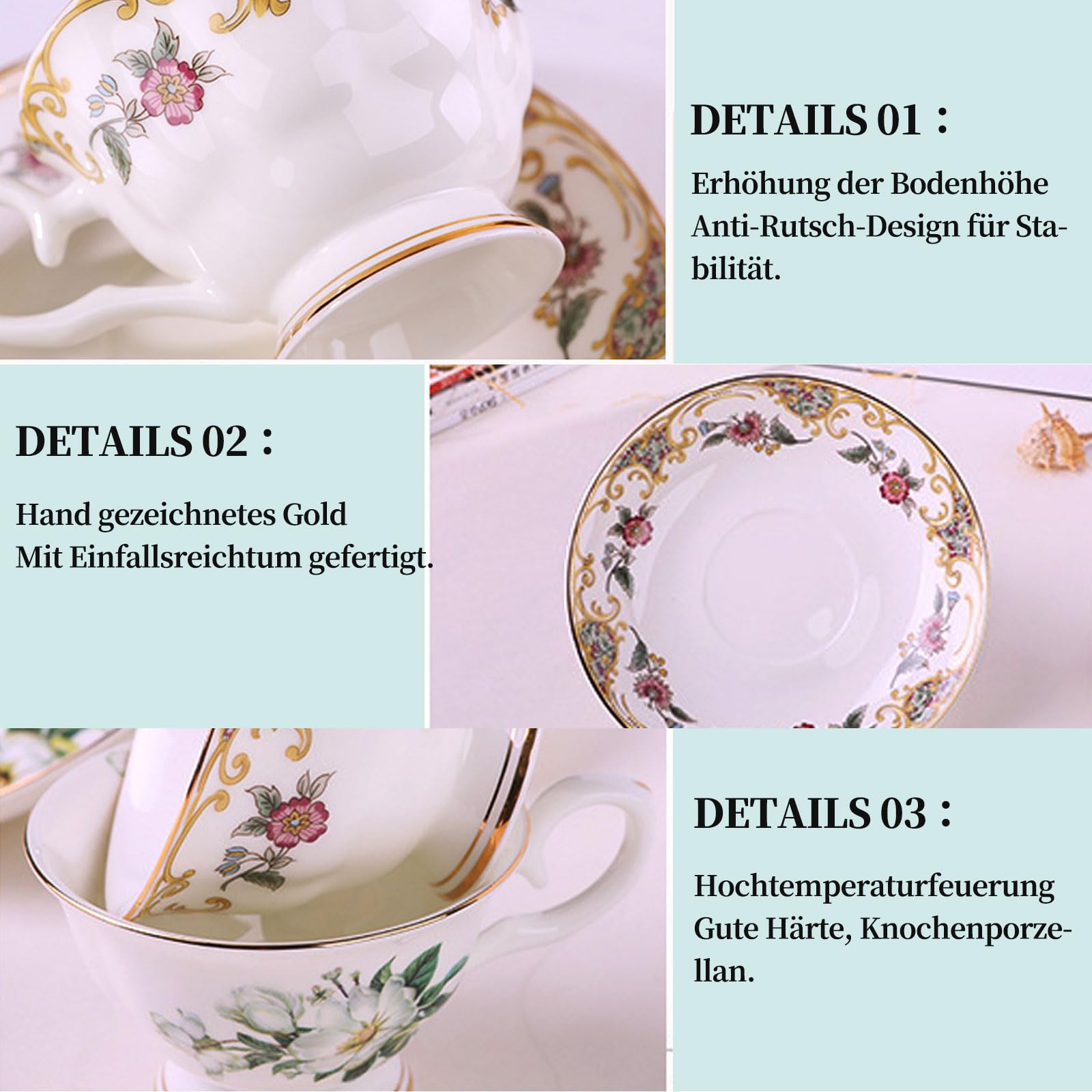 Lot de 2 tasses à café en porcelaine anglaise avec soucoupes de 200 ml - Motif floral - Tasse à thé - Cadeau pour le thé de l'après-midi (C)