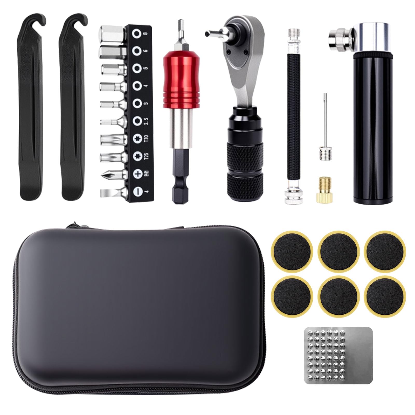 Fahrrad Reparaturset mit Mini Pumpe, Ratschen-Schlüssel, 10 Bits, Reifenflickset & Werkzeugtasche – Fahrrad Notfallset für unterwegs (AV-Ventil mit Presta Adapter) (Schwarz)