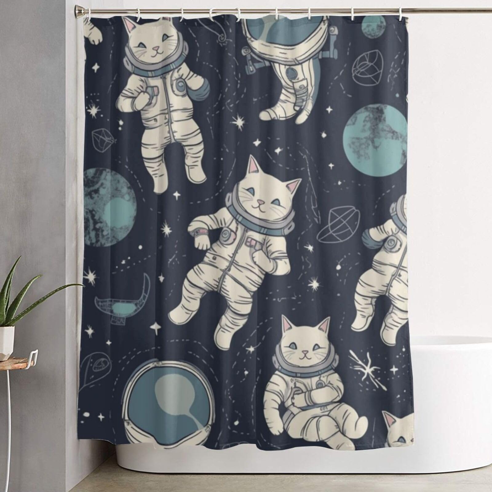 Rideau de douche épais anti-moisissure résoud l'eau au sol motif chat astronaute 12 crochets
