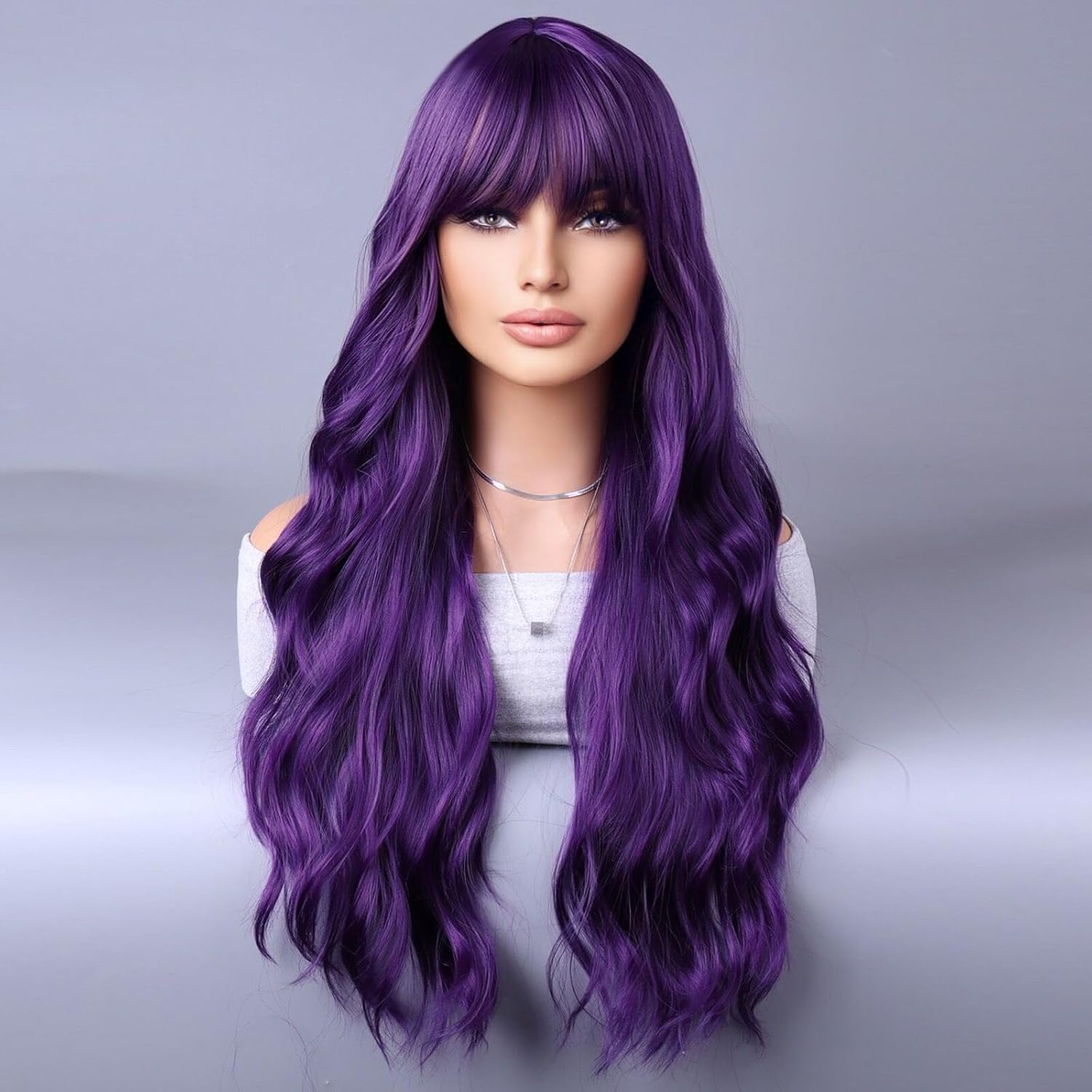BERON 26 Inches Purple Wig Long Curly Dark Purple Wig with Bangs for Women Daily Party Hairnet Include