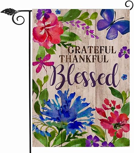 Hzppyz Grateful Thankful Blessed - Bandera de jardín de Acción de Gracias, pequeña bandera decorativa para exteriores, arpillera rústica, bandera de