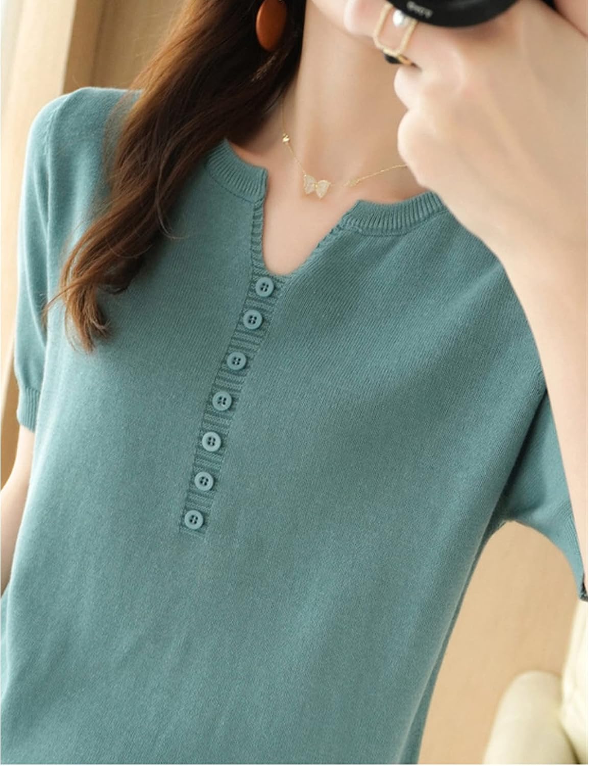 Women's V Neck Ribbed Knit Button T Shirts Short Sleeve Waffle Henley Solid Color Tops Casual Slim Fit Shirt Blouses