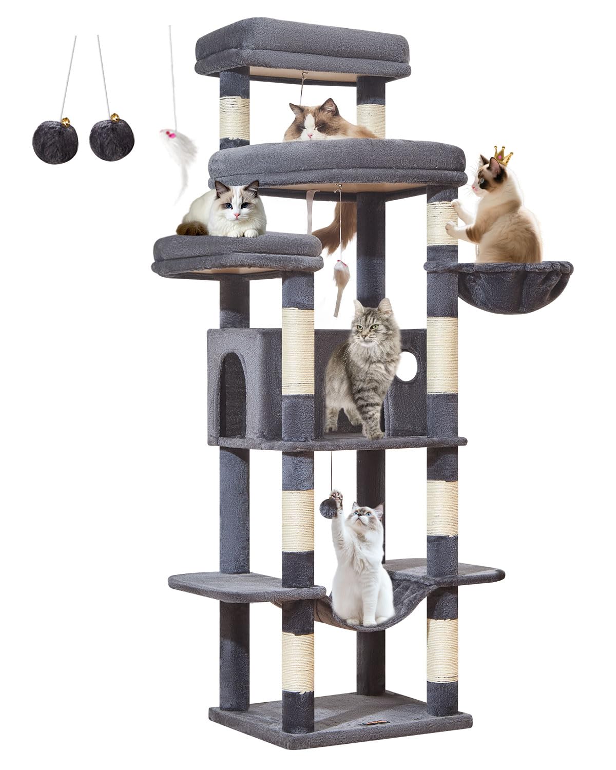 Taoqimiao 180CM Kratzbaum Groß XXL, Katzenbaum Grosse Katzen Stabil kratzbaum Maine Coon mit Katzenhaus, Hängematte, Große Plattform 9 Kratzsäulen, Korb, MS034