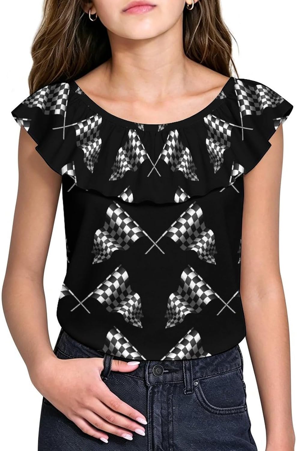 Racing Square Flag Girls T-Shirts Top Ruffle Short Sleeve Blouse Casual Graphic Tees