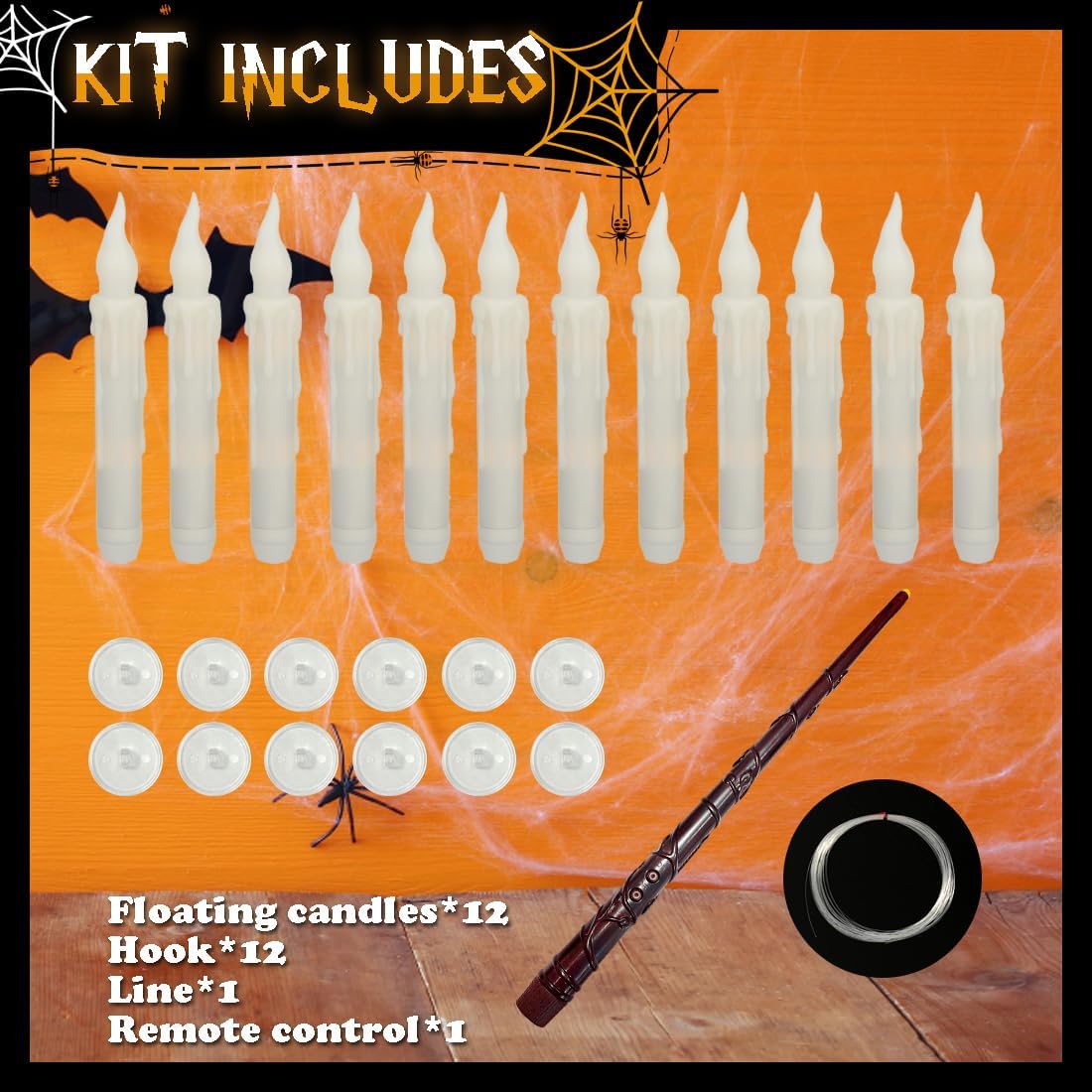 Floating Candles with Magic Wand Remote Control, 12 PCs Flameless Candles Hanging Window Taper Candles Set Flickering Warm Light Floating Battery Operated LED Candle for Halloween Christmas Decor